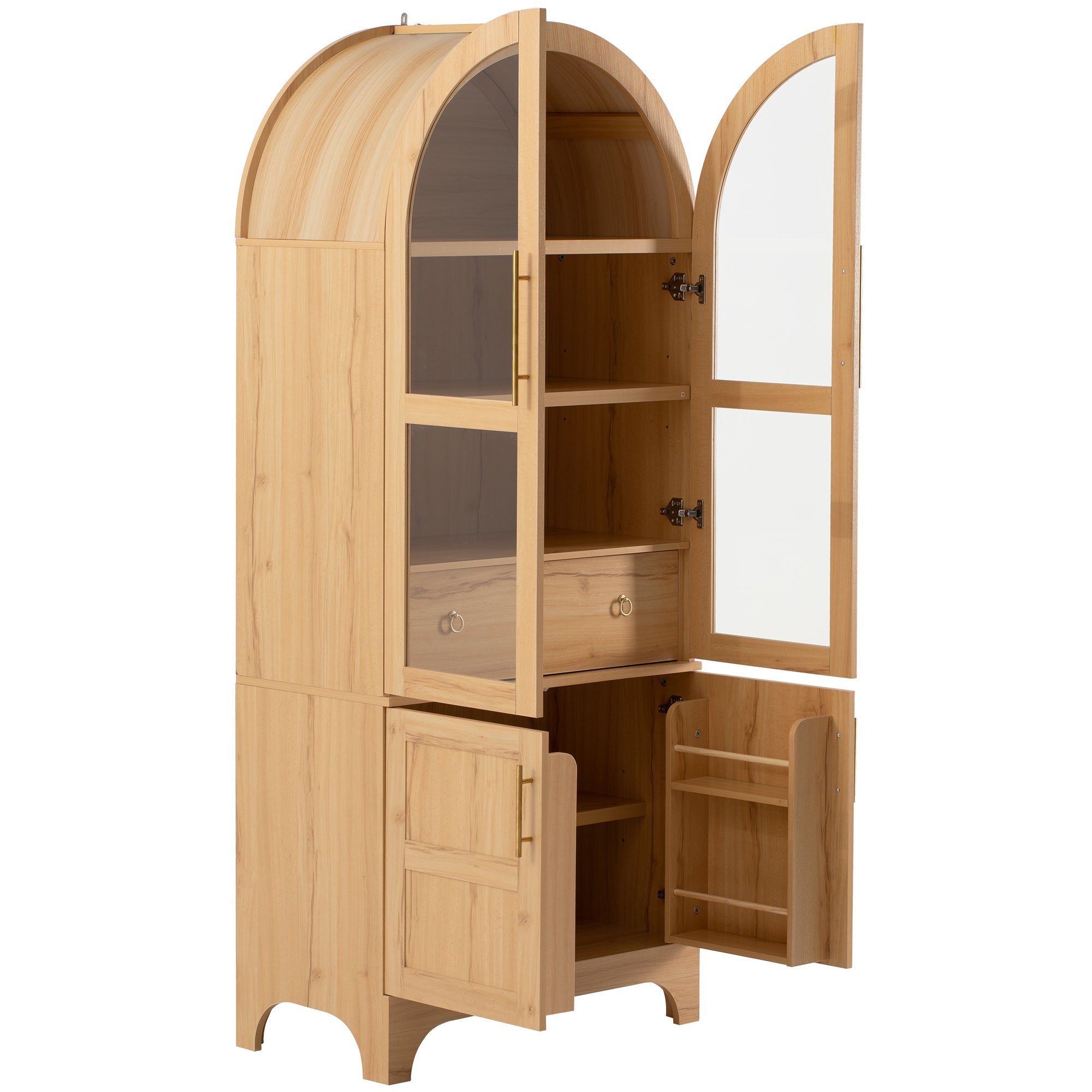 K&K 71' Tall Arched Kitchen Pantry Cabinet with Door Shelves, Farmhouse Kitchen Storage Cabinet with Open & Adjustable Shelves, Hidden Drawer & Glass Door, Cupboard for Kitchen, Dining Room, Natural - Grand Goldman Shop