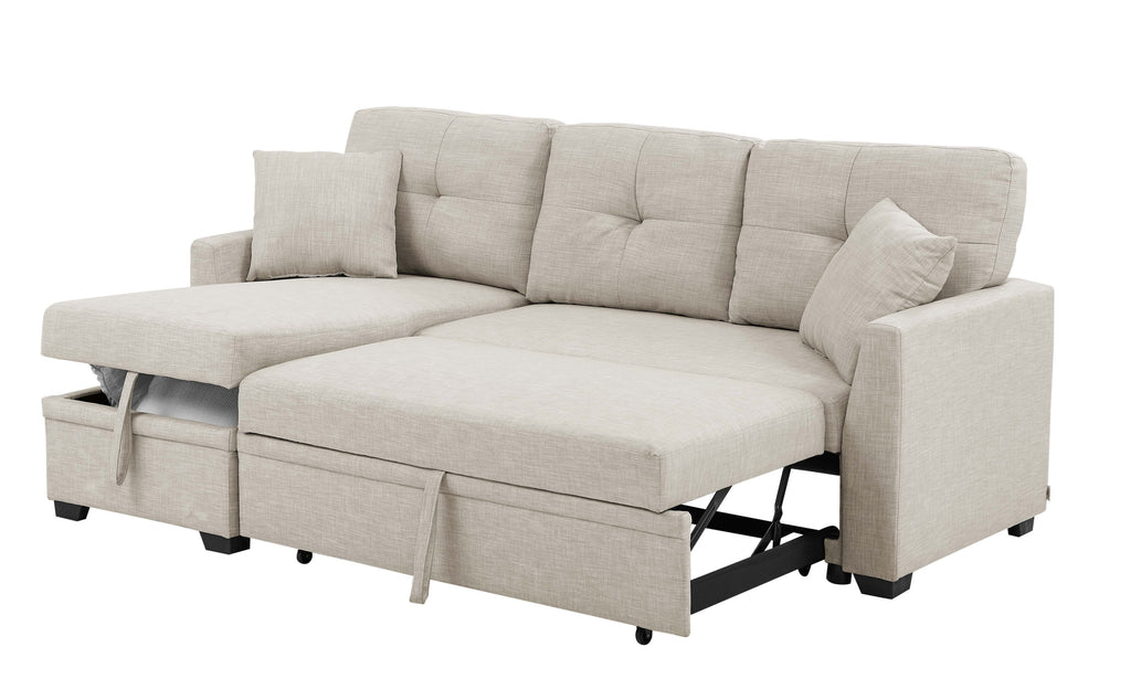 76.5' Linen Blend Upholstered Sectional with Pull-Out Bed and Chaise Storage - Grand Goldman Shop