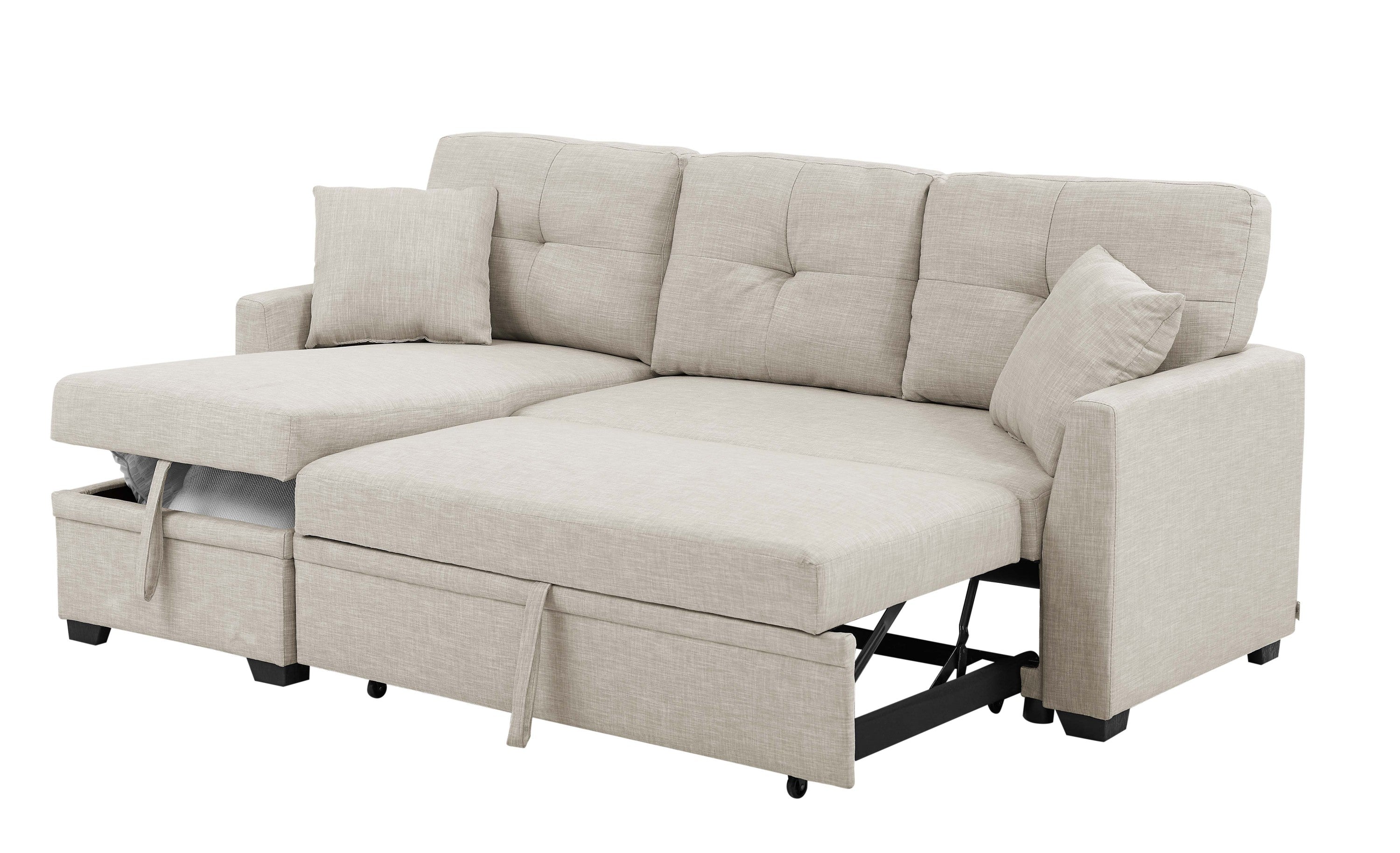 76.5' Linen Blend Upholstered Sectional with Pull-Out Bed and Chaise Storage - Grand Goldman Shop