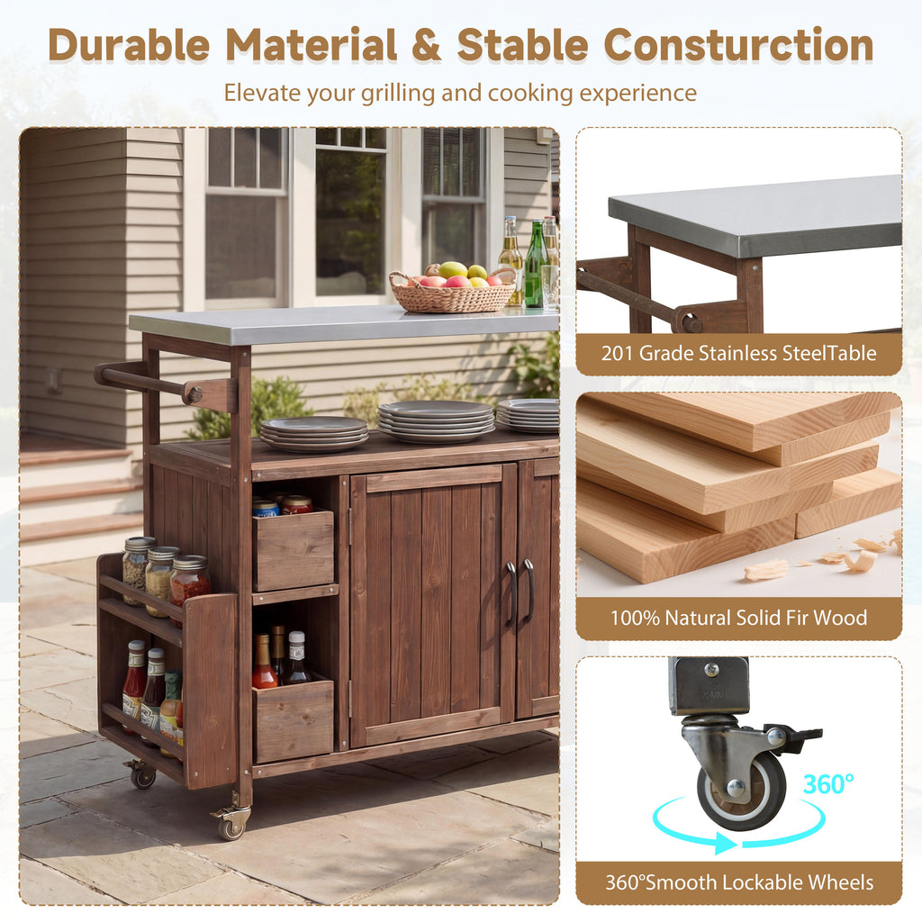 54.33' Farmhouse Rolling Outdoor Kitchen Cart, Solid Wood Frame with Stainless Steel Top, Spice Rack, Towel Rack, Lockable Wheels & Multi-Functional Storage for Patio, Backyard BBQ & Kitchen - Grand Goldman Shop