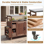 54.33' Farmhouse Rolling Outdoor Kitchen Cart, Solid Wood Frame with Stainless Steel Top, Spice Rack, Towel Rack, Lockable Wheels & Multi-Functional Storage for Patio, Backyard BBQ & Kitchen - Grand Goldman Shop
