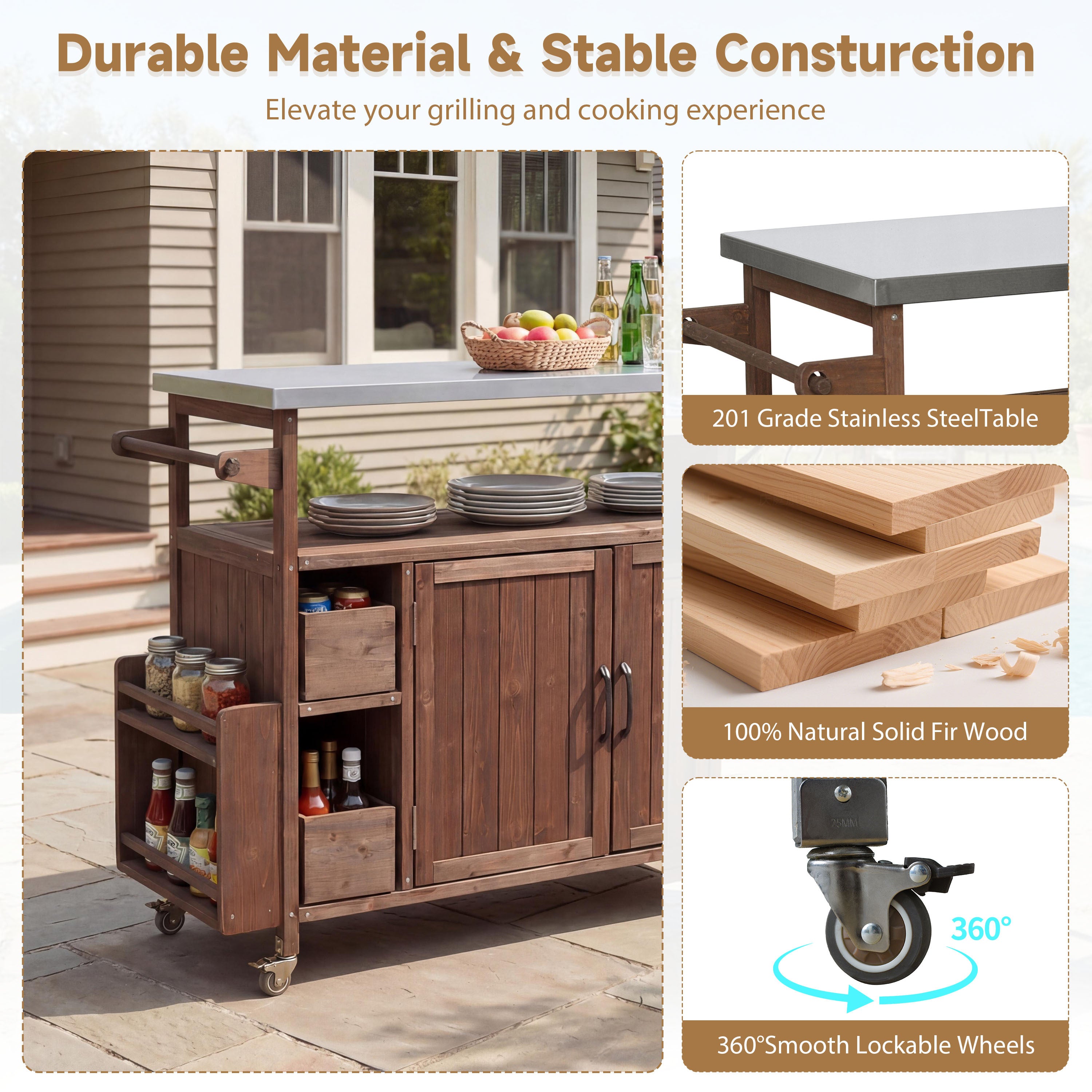 54.33' Farmhouse Rolling Outdoor Kitchen Cart, Solid Wood Frame with Stainless Steel Top, Spice Rack, Towel Rack, Lockable Wheels & Multi-Functional Storage for Patio, Backyard BBQ & Kitchen - Grand Goldman Shop