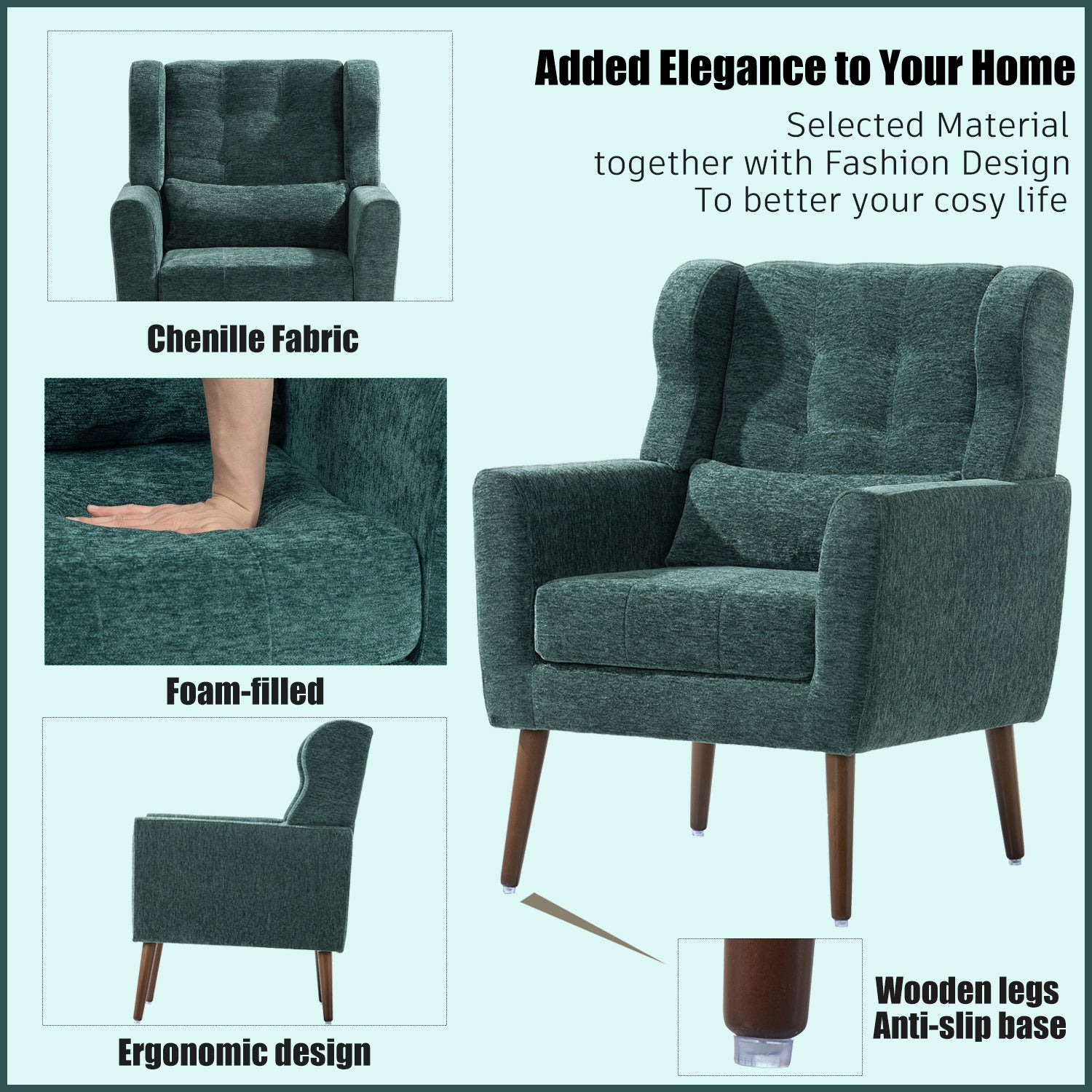 Modern Accent Chair,Chenille Arm Chairs for Living Room,Upholstered Mordern Armchair,Comfy Soft Padded Lounge Chair in Small Space, Bedroom, w/Pillow, Solid Wood Leg (Blackish Green) - Grand Goldman Shop