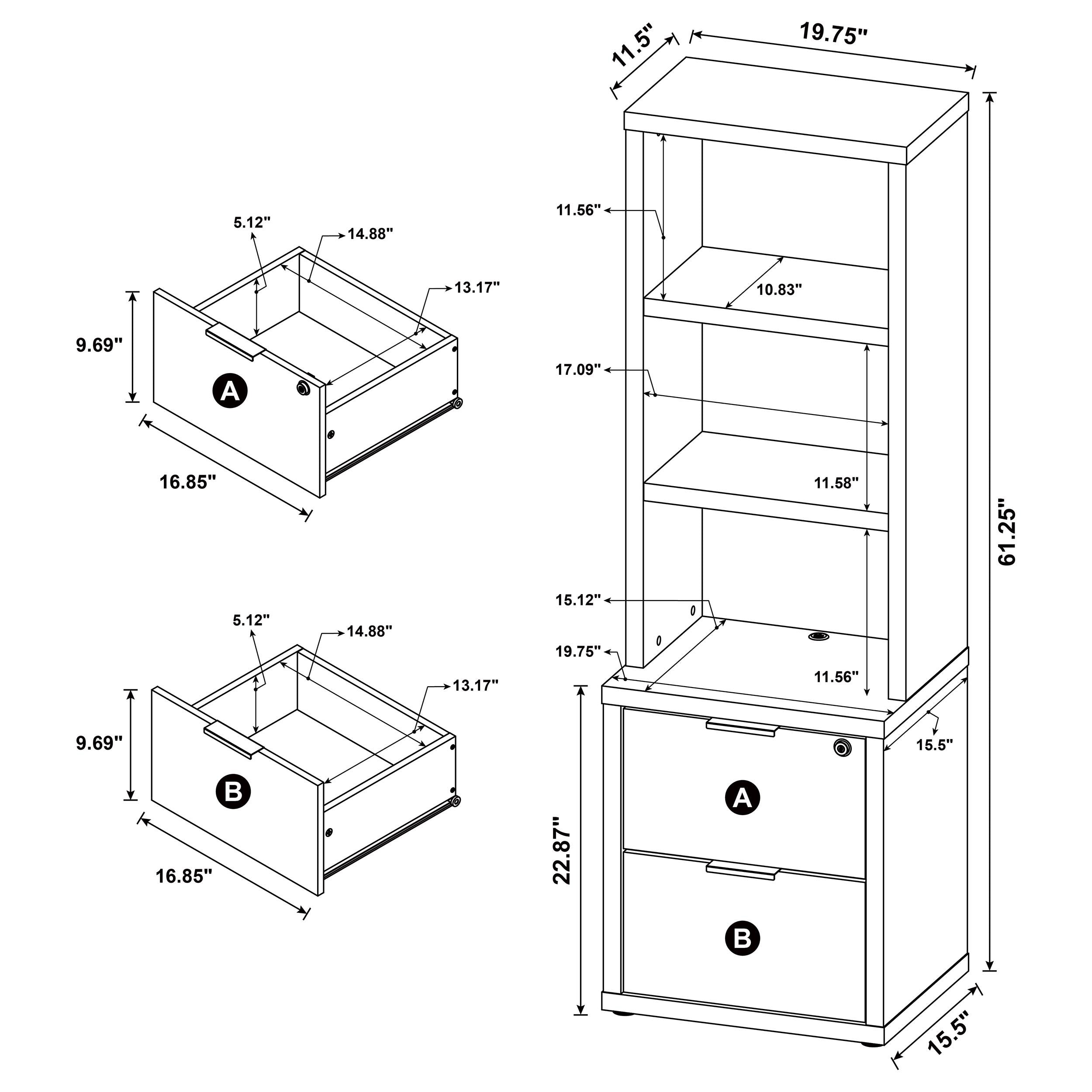 Geary Black 3-Shelf Bookcase with USB Charging and Lockable Drawer, Engineered Wood, 19.75 x 15.50 x 61.25 inches - Grand Gol