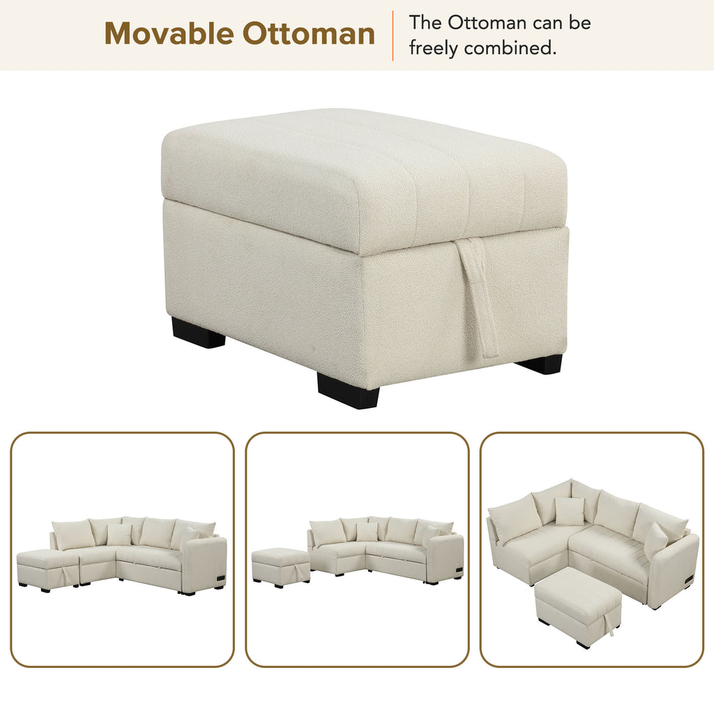 Modern L-shaped Sectional Pull Out Sofa Bed with USB Ports and Storage Ottoman, Beige, Jacquard Fabric, 82.6' - Grand Goldman Shop