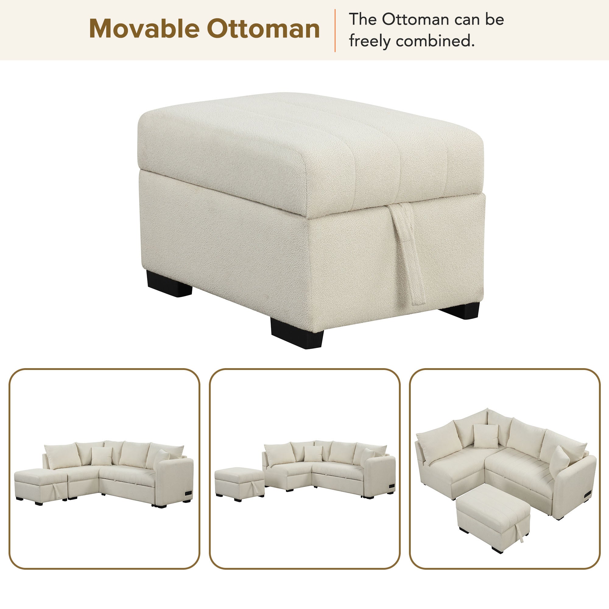 Modern L-shaped Sectional Pull Out Sofa Bed with USB Ports and Storage Ottoman, Beige, Jacquard Fabric, 82.6' - Grand Goldman Shop