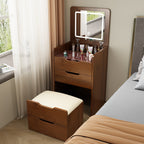 (48cm)(Walnut) 3 in 1 Vanity Desk with Plip Top Mirror,Small Make Up Vanity Set with Visible Glass Desktop, Compact Makeup Vanity with 3 Drawers, Dressing Table - Grand Goldman Shop