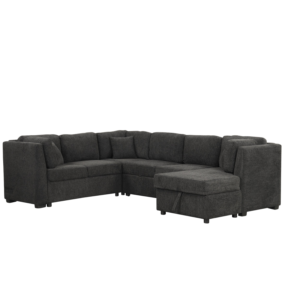 U-shaped Sectional Sofa Pull Out Bed with USB Ports, Power Sockets, Back Pillows & Storage Chaise, Black Chenille, 108.6' - Grand Goldman Shop