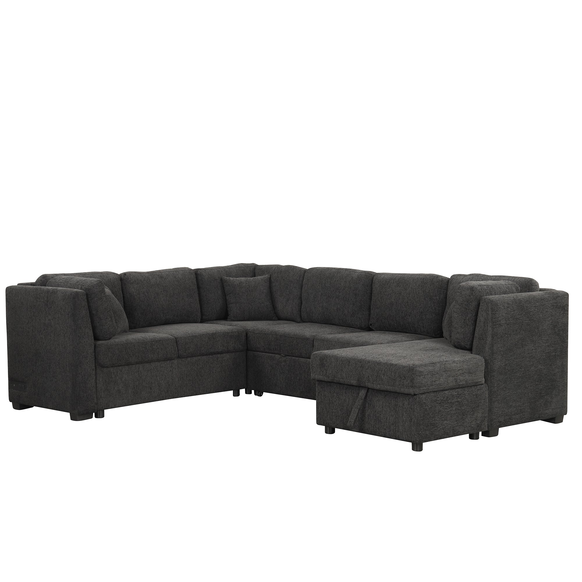 U-shaped Sectional Sofa Pull Out Bed with USB Ports, Power Sockets, Back Pillows & Storage Chaise, Black Chenille, 108.6' - Grand Goldman Shop
