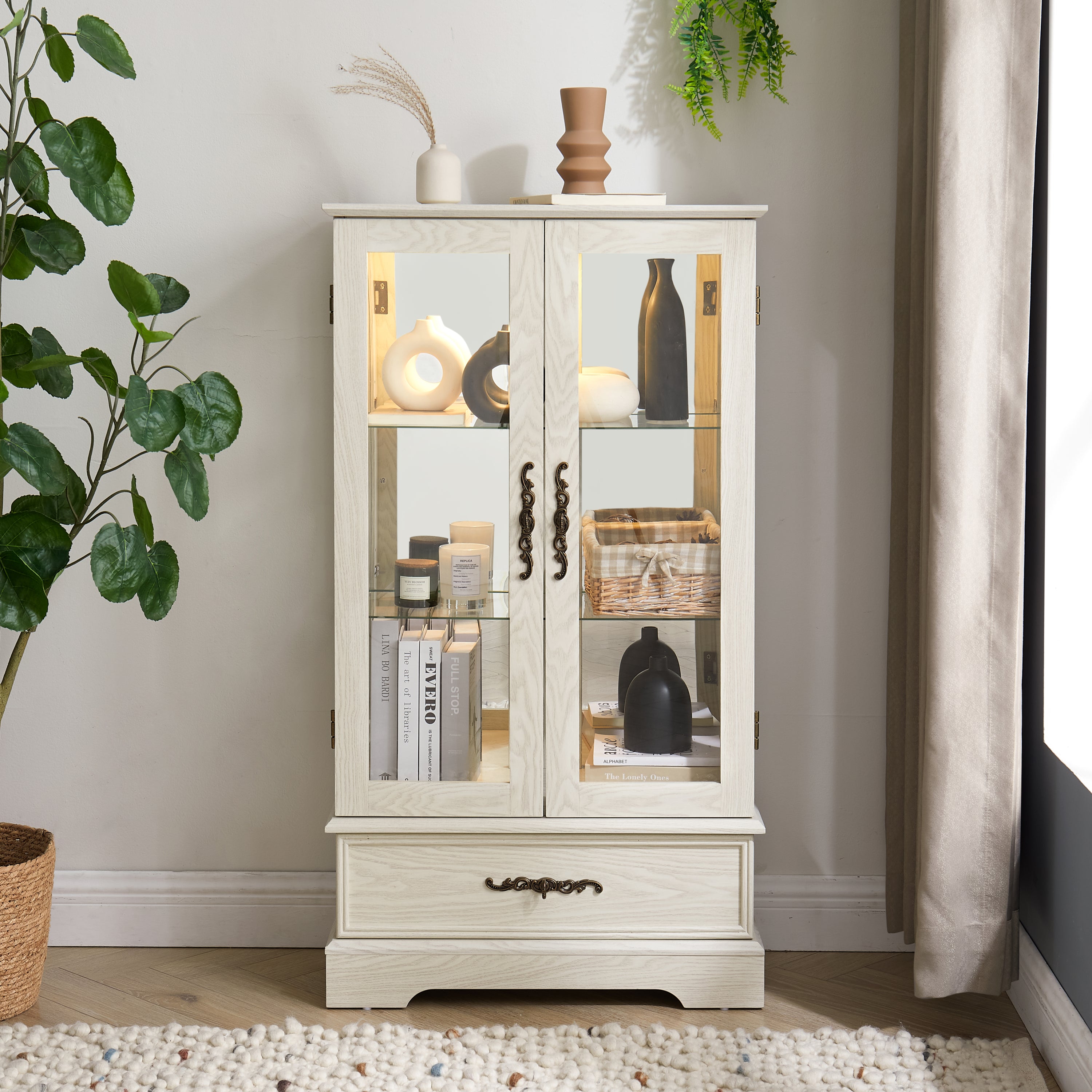 Glass Cabinet Lighted Glass Cabinet Curio Display Cabinet with Adjustable Glass Shelves 2 Doors and 1 drawer Cabinet Bulb Included White - Grand Goldman Shop