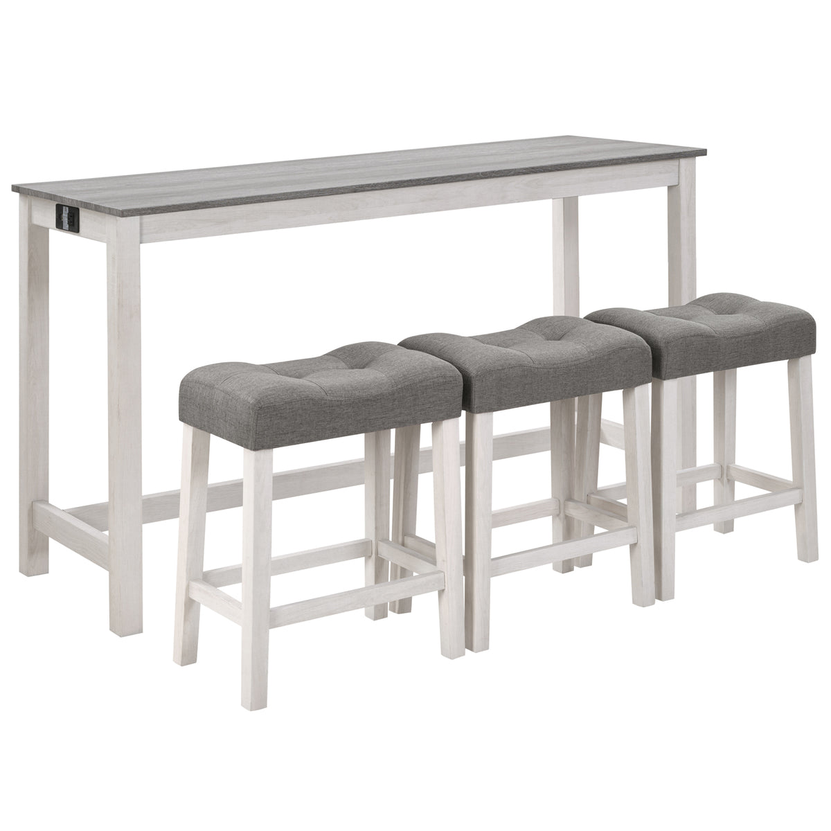 4 Piece Bar Table Set with Power Outlet, Bar Table Set with Chairs, Sofa Bar Table with Stools, Behind Couch Table with 3 Padded Stools, for Living Room, Dining room, White & Grey - Grand Goldman Shop