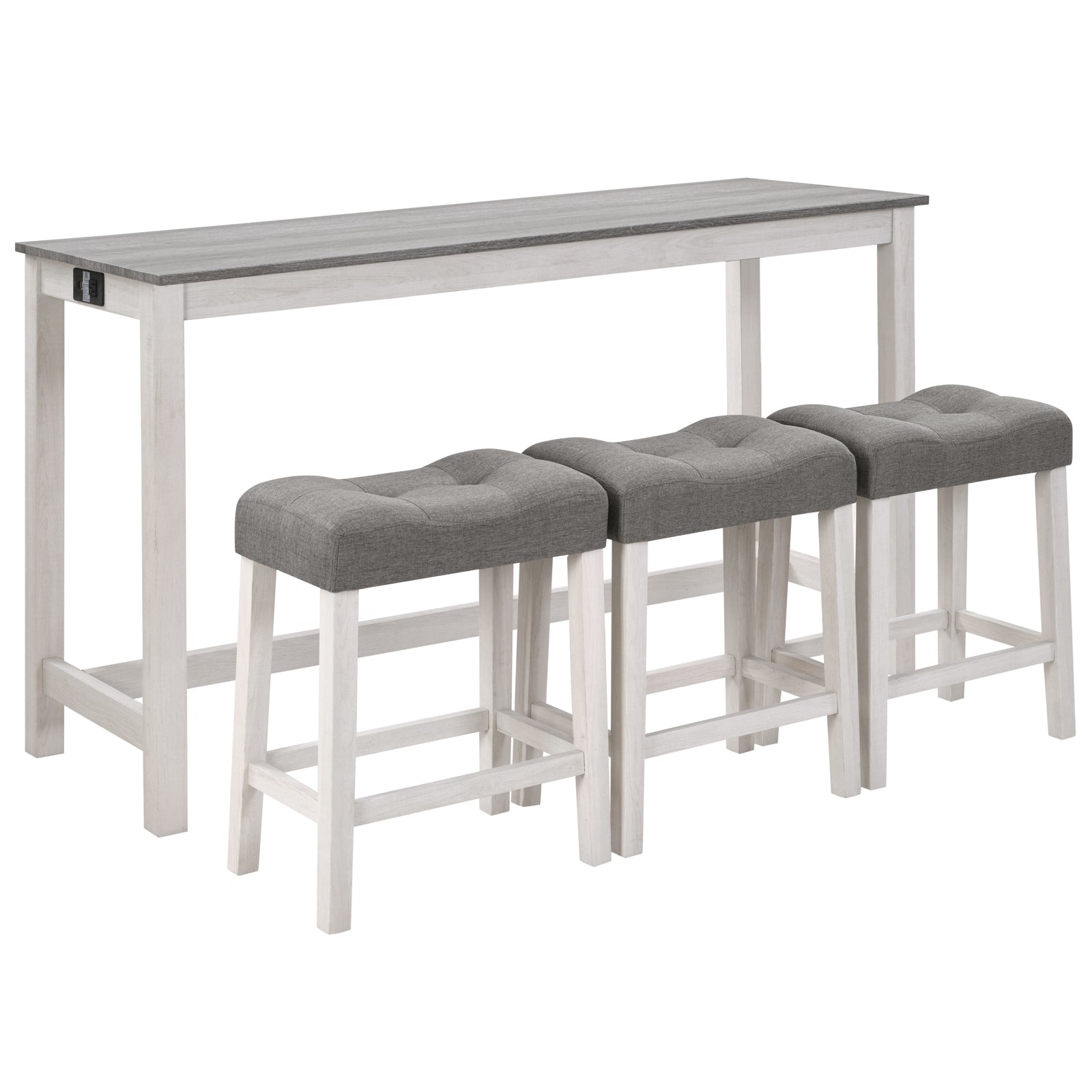 4 Piece Bar Table Set with Power Outlet, Bar Table Set with Chairs, Sofa Bar Table with Stools, Behind Couch Table with 3 Padded Stools, for Living Room, Dining room, White & Grey - Grand Goldman Shop