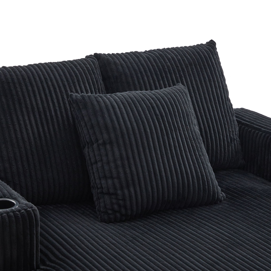 UNITED WE WIN Modern Corduroy Oversized Recliner Sofa with Deep Seat, 3 Pillows, USB Charging, RGB LED Light Strip, Cup Holder, Side Pocket - Suitable for Living Room and Bedroom - Grand Goldman Shop