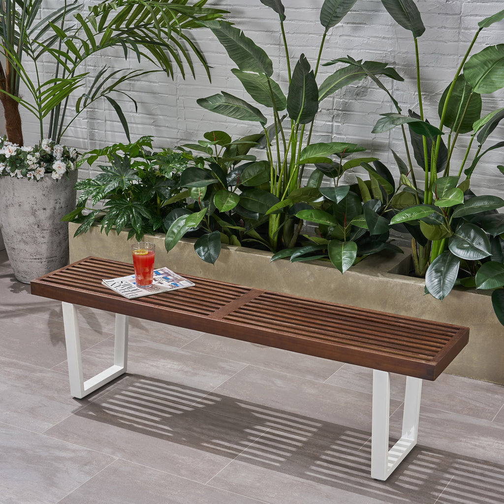 Intrinsic Outdoor Dining Bench with Iron Legs and Slat Top, Dark Brown and White - Grand Goldman Shop