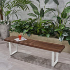 Intrinsic Outdoor Dining Bench with Iron Legs and Slat Top, Dark Brown and White - Grand Goldman Shop
