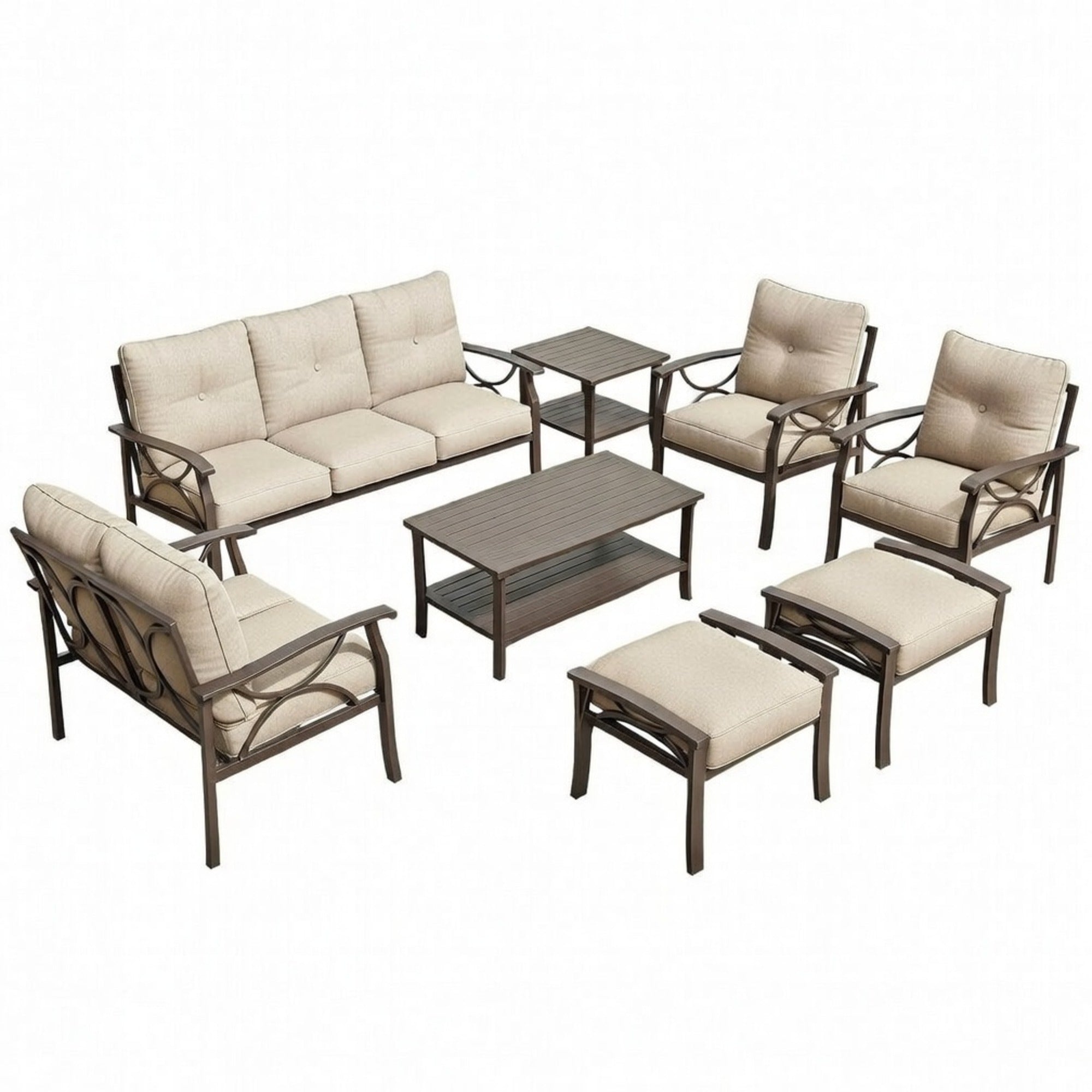 8-teiliges Metall-Gartenmöbel-Set mit 10 cm dicken beigefarbenen Kissen, khaki-farbenem Rahmen, Couchtisch, Beistelltisch, Ablagetisch und Ottomanen für Veranda, Hinterhof und Garten
