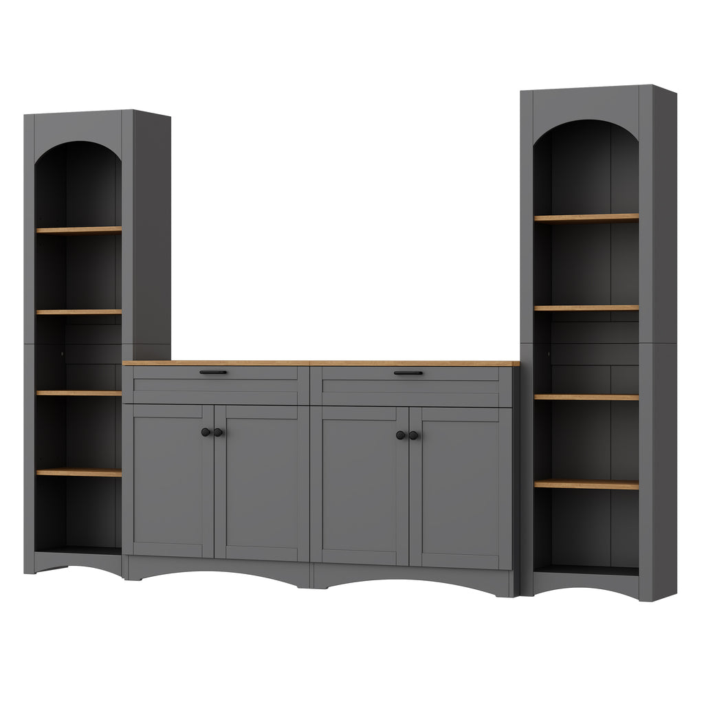 ON-TREND 3-Piece Farmhouse Entertainment Center with Storage Cabinet for TVs Up to 70', Mid-Century TV Stand with Bookshelf, Rustic Versatile Sideboard with Adjustable Shelves for Living Room, Grey - Grand Goldman Shop