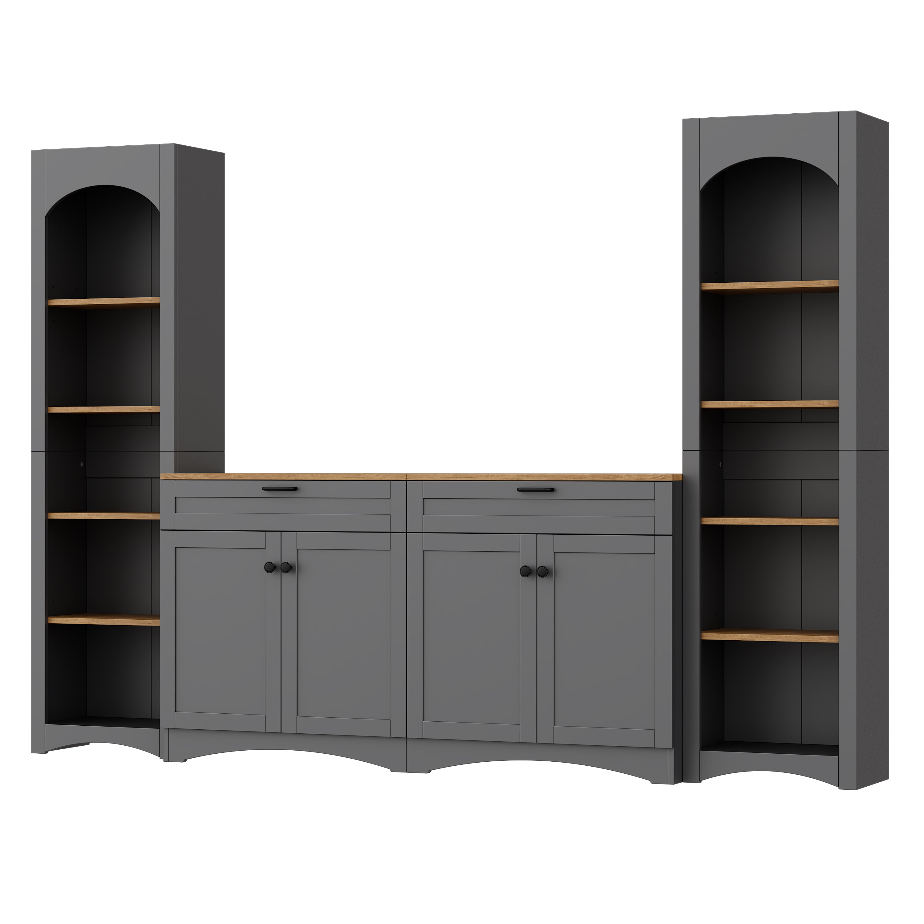 ON-TREND 3-Piece Farmhouse Entertainment Center with Storage Cabinet for TVs Up to 70', Mid-Century TV Stand with Bookshelf, Rustic Versatile Sideboard with Adjustable Shelves for Living Room, Grey - Grand Goldman Shop