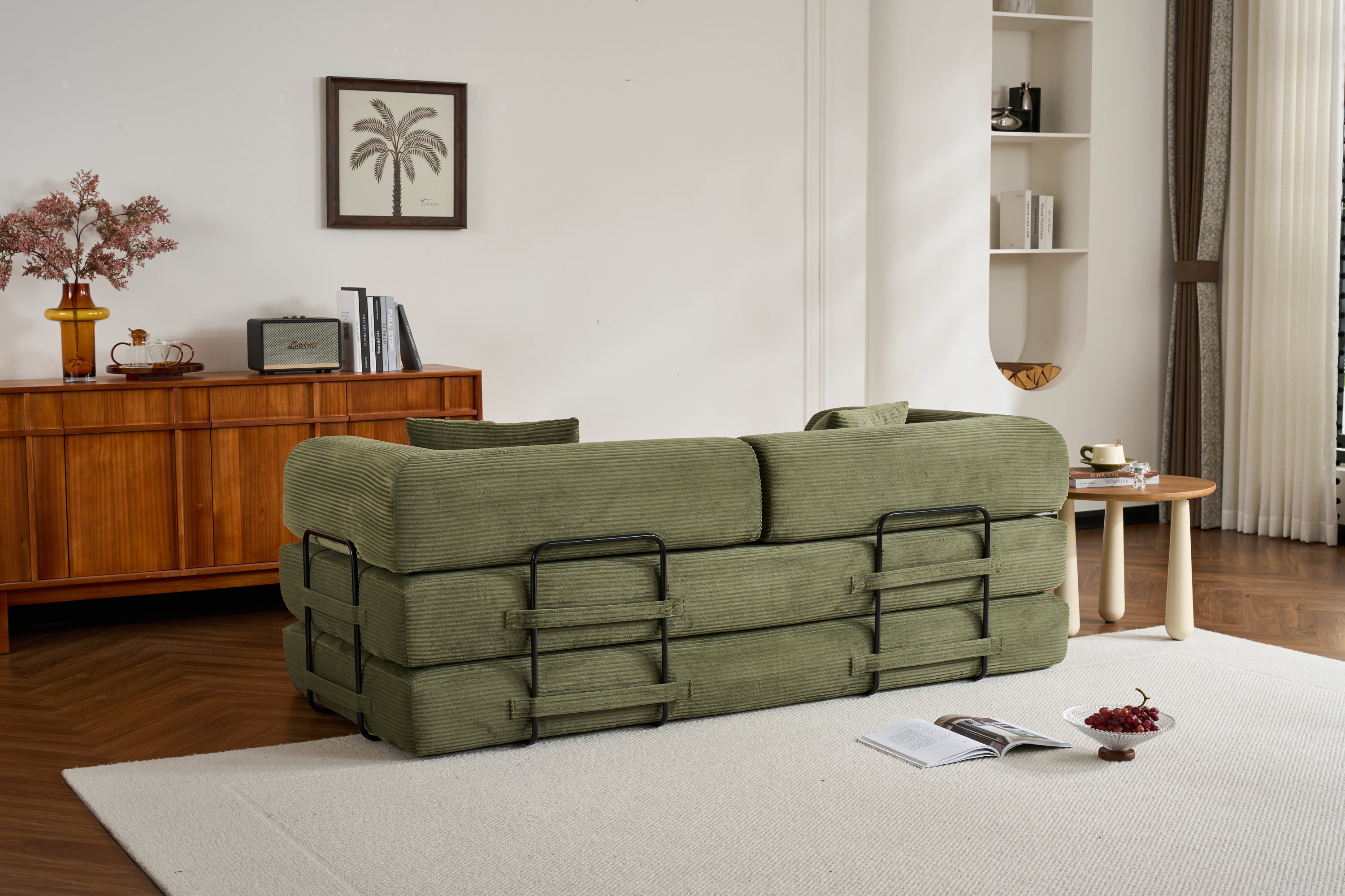 Convertible Sleeper Sofa Bed with Cylindrical Pillow, Corduroy Folding Mattress Couch with Fixed-Shape Frame, Floor Sofa Lounge Couch for Living Room Bedroom (Green) - Grand Goldman Shop