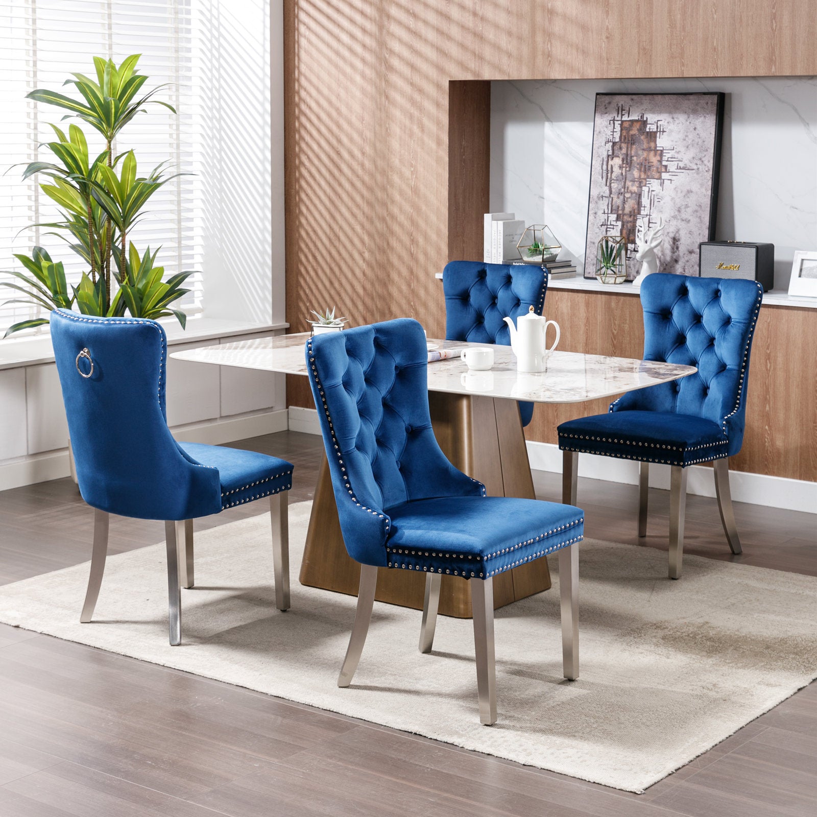 Nikki Collection Modern, High-end Tufted Solid Wood Contemporary Velvet Upholstered Dining Chair with Chrome Stainless Steel Plating Legs,Nailhead Trim,Set of 2,Blue and Chrome, SW1701BL - Grand Goldman Shop