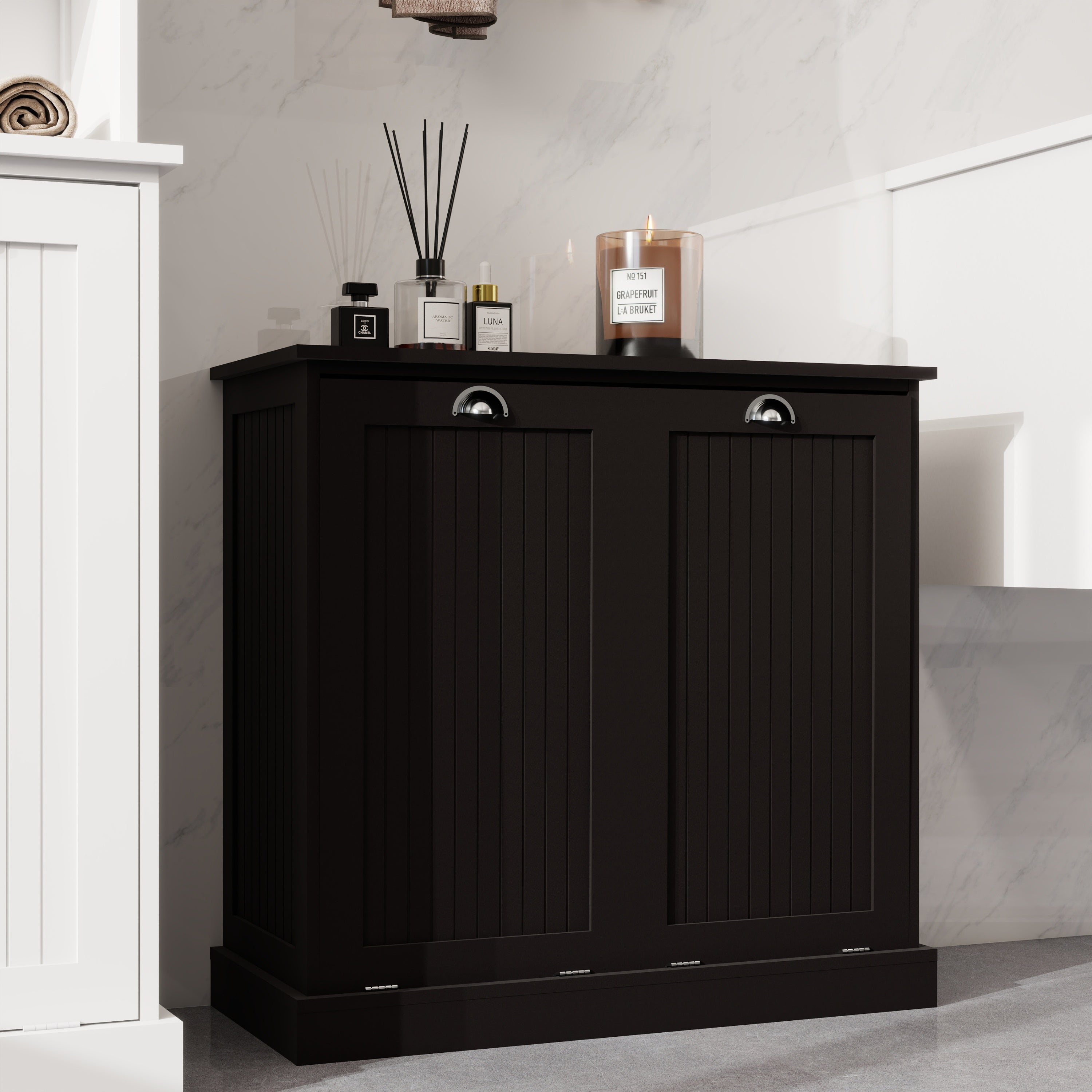 Two-Compartment Tilt-Out Laundry Sorter Cabinet-Black - Grand Goldman Shop