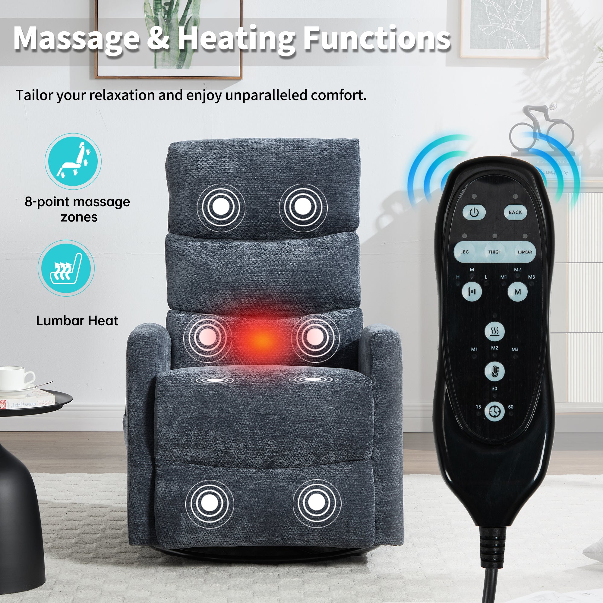 Heat Massage Manual Recliner Chair with Rocker and Swivel in Fabric for Living Room, Blue - Grand Goldman Shop