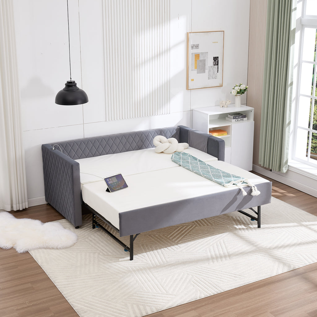 Grey velvet daybed, sturdy wooden bed frame, modern diamond grid pull-out design, perfect for bedroom, living room furniture - Grand Goldman Shop