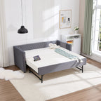 Grey velvet daybed, sturdy wooden bed frame, modern diamond grid pull-out design, perfect for bedroom, living room furniture - Grand Goldman Shop