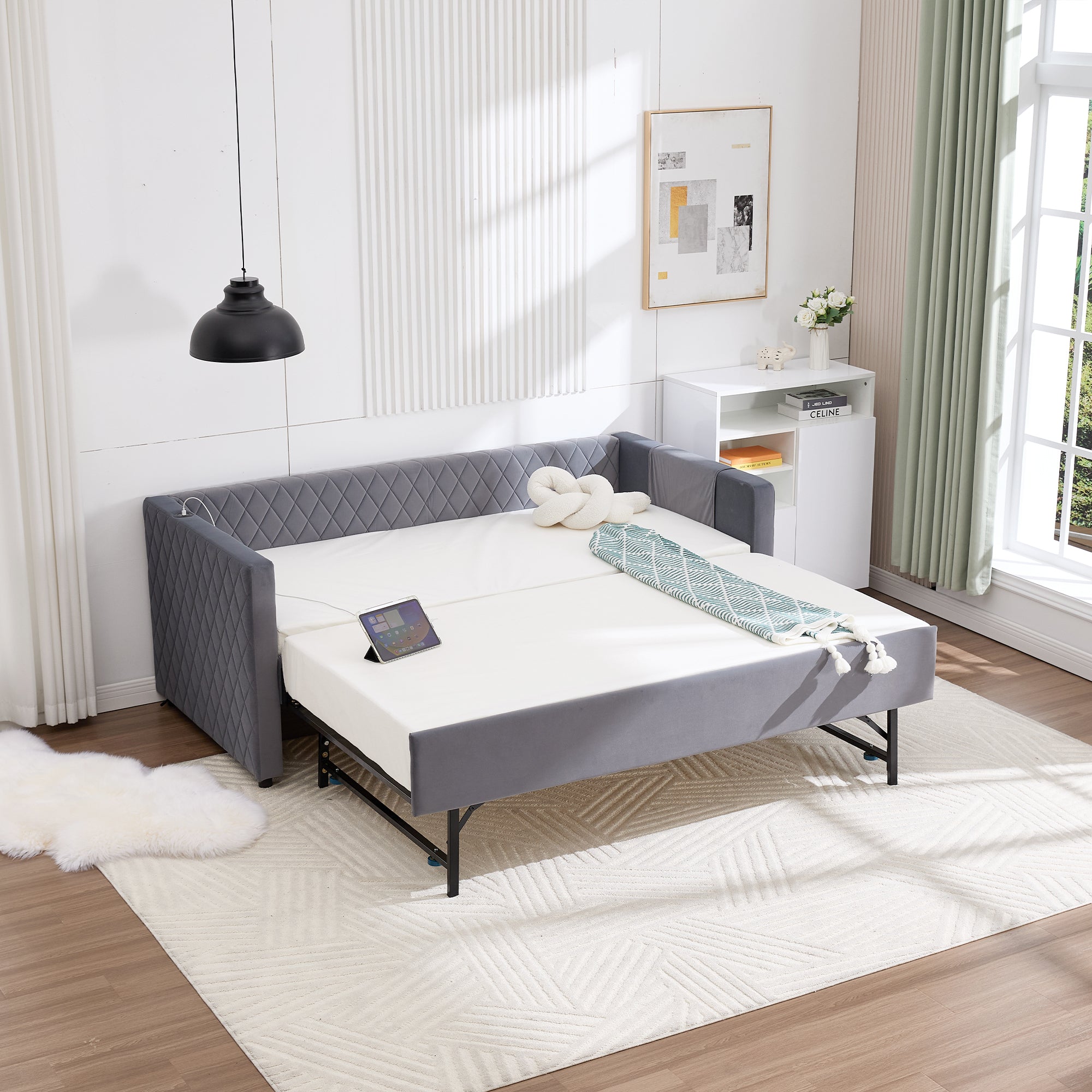 Grey velvet daybed, sturdy wooden bed frame, modern diamond grid pull-out design, perfect for bedroom, living room furniture - Grand Goldman Shop
