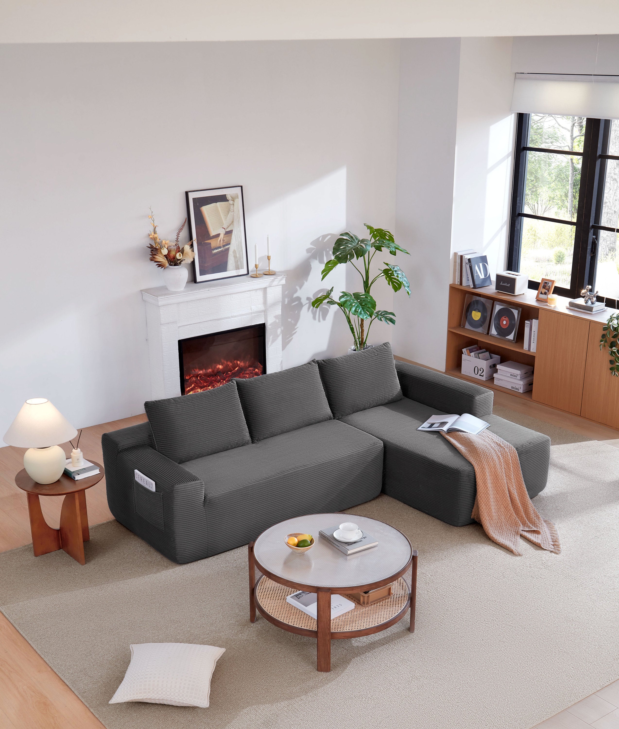 96.9'Compressible doubleCloud Sectional Couch with L-Shape Chaise,Modern Modular Sofa with Deep Seat,Upholstered Couches for Living Room Bedroom,No Assembly Required,(Plush Corduroy Fabric),Grey Right - Grand Goldman Shop