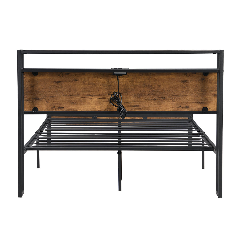 Modern Metal Platform Bed Frame with Wooden Headboard and Footboard, USB Liner, Queen Size, Black and Brown - Grand Goldman Shop