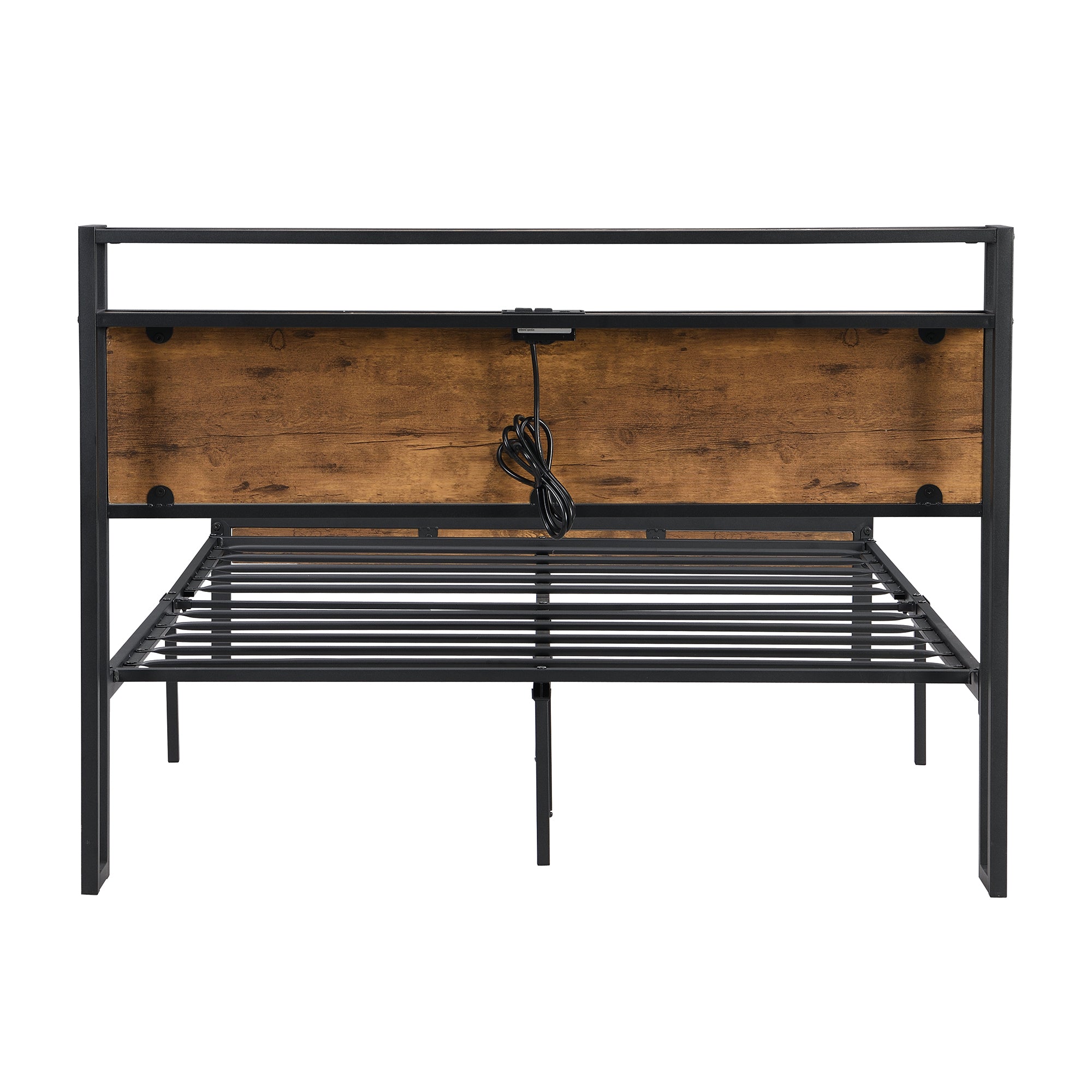 Modern Metal Platform Bed Frame with Wooden Headboard and Footboard, USB Liner, Queen Size, Black and Brown - Grand Goldman Shop