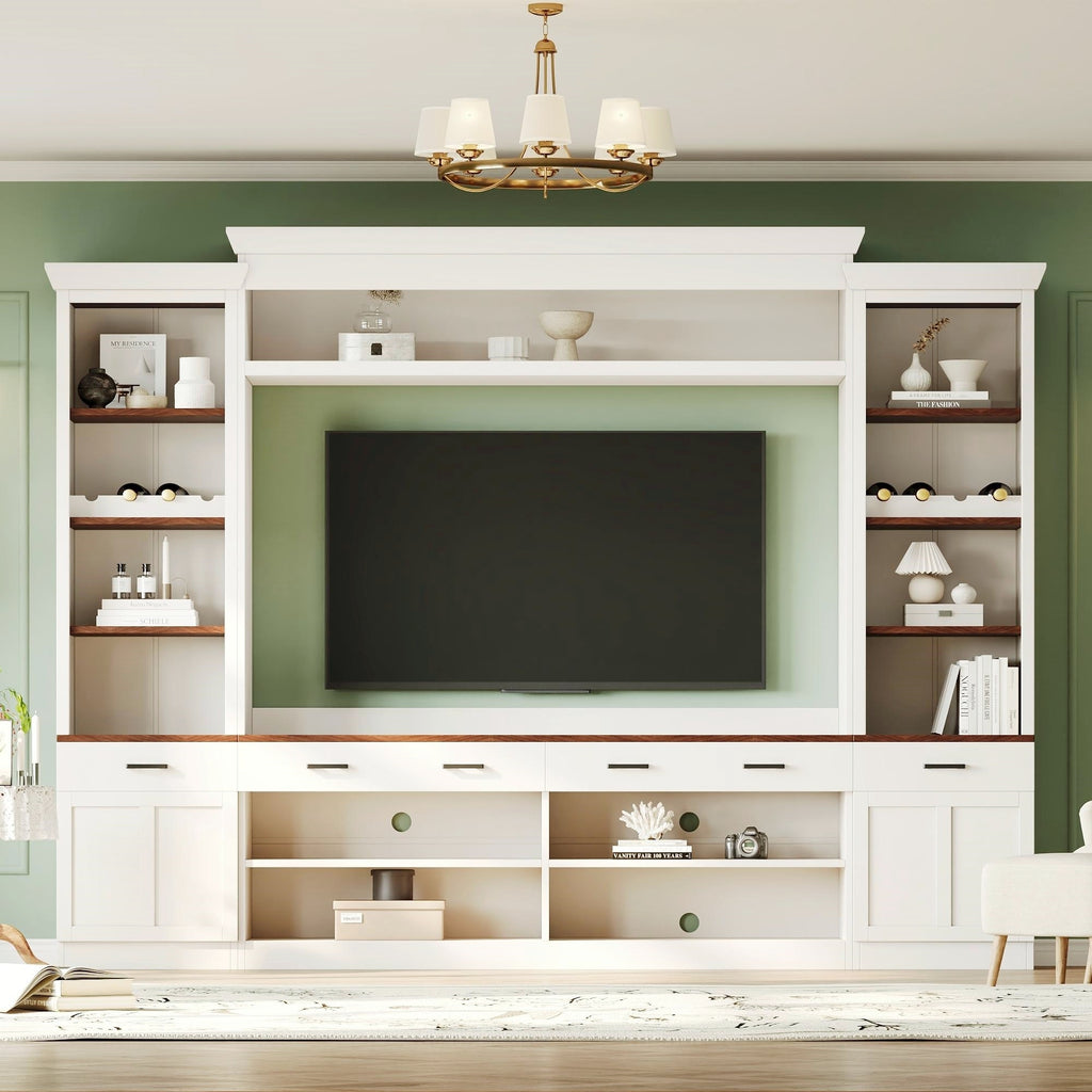 Farmhouse Entertainment Wall Unit with Bookshelf for TVs Up to 70', Walnut TV Stand with Adjustable Shelves, Mid-Century Media Console with Wine Rack for Living Room, White (NEW SKU: N721S000046K-2) - Grand Goldman Shop