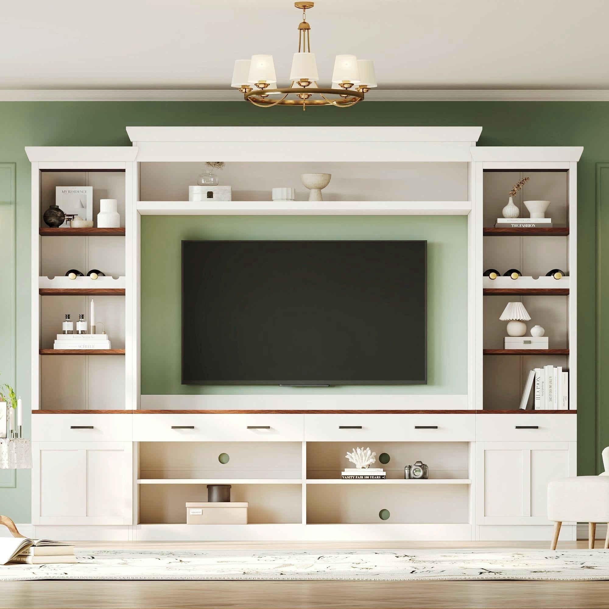 Farmhouse Entertainment Wall Unit with Bookshelf for TVs Up to 70', Walnut TV Stand with Adjustable Shelves, Mid-Century Media Console with Wine Rack for Living Room, White (NEW SKU: N721S000046K-2) - Grand Goldman Shop