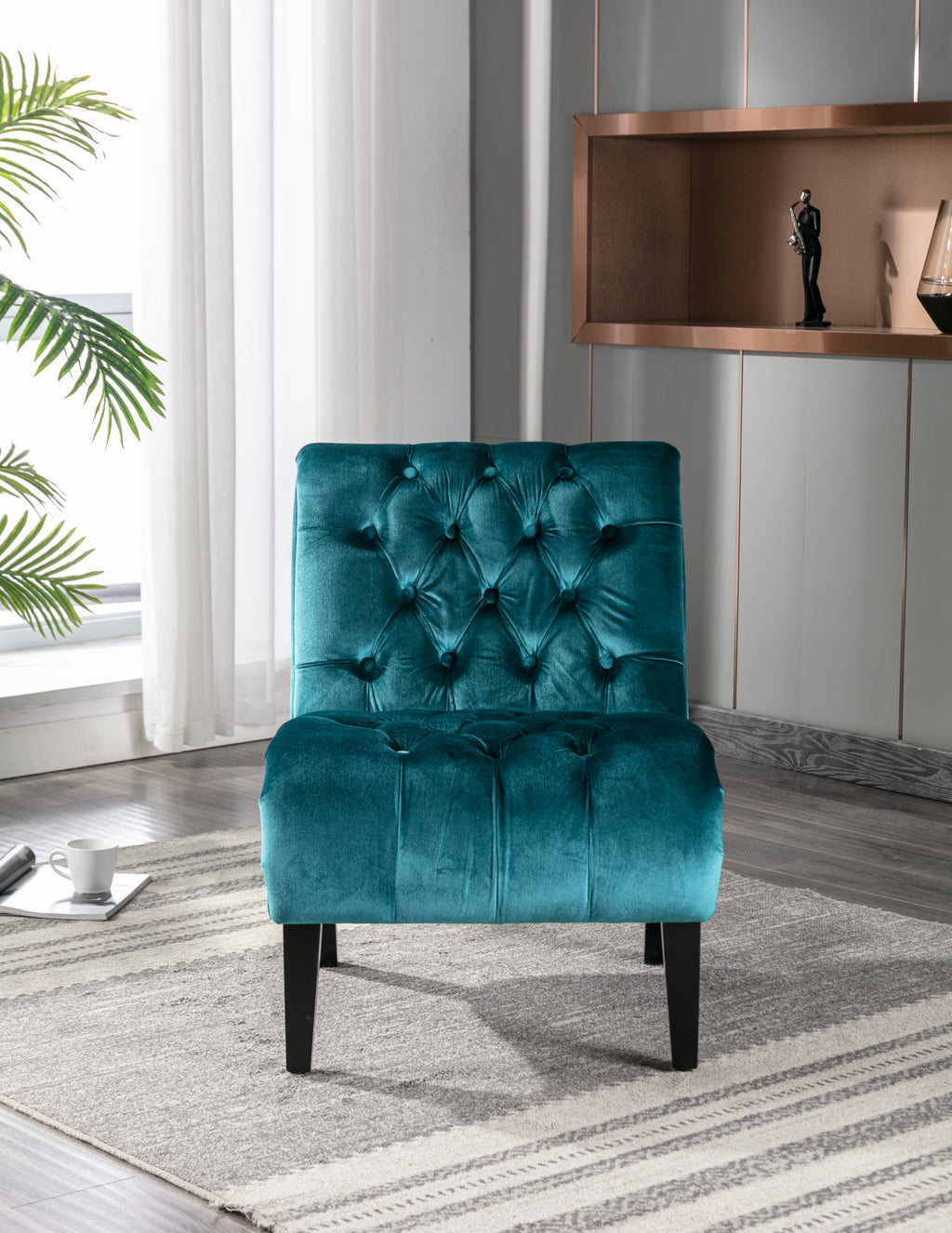 COOLMORE Modern Velvet Armless Accent Living Room Chair / Leisure Chair,Upholstered Fabric Button Comfortable Chair with Wooden Legs for Bedroom, Living Room, Office (Teal Velvet) - Grand Goldman Shop