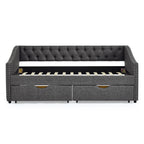 Twin Size Daybed with Drawers Upholstered Tufted Sofa Bed in Dark Grey Linen, Button Back and Copper Nail Trimmed Waved Arms, 81.5''x41''x30.5'' - Grand Goldman Shop