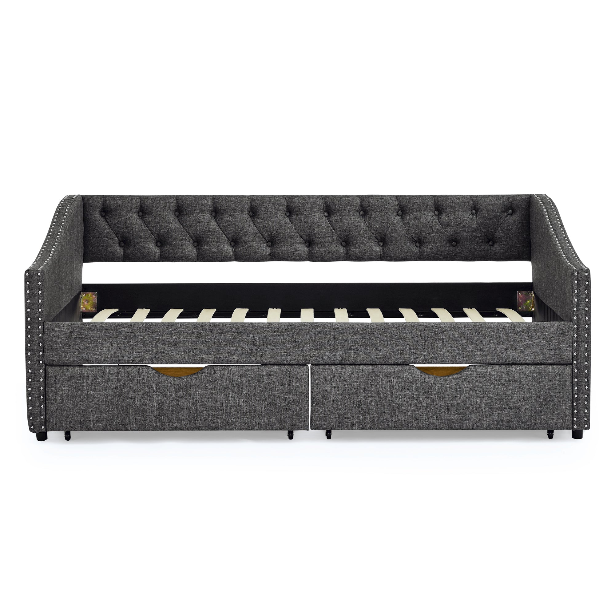 Twin Size Daybed with Drawers Upholstered Tufted Sofa Bed in Dark Grey Linen, Button Back and Copper Nail Trimmed Waved Arms, 81.5''x41''x30.5'' - Grand Goldman Shop