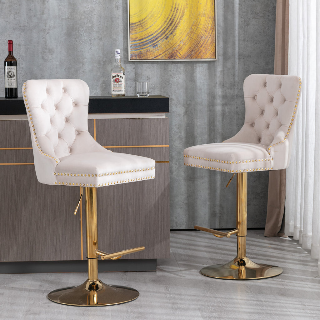 A&A Furniture,Thick Golden Swivel Velvet Barstools Adjusatble Seat Height from 27-35 Inch, Modern Upholstered Bar Stools with Backs Comfortable Tufted for Home Pub and Kitchen Island (Beige,Set of 2) - Grand Goldman Shop