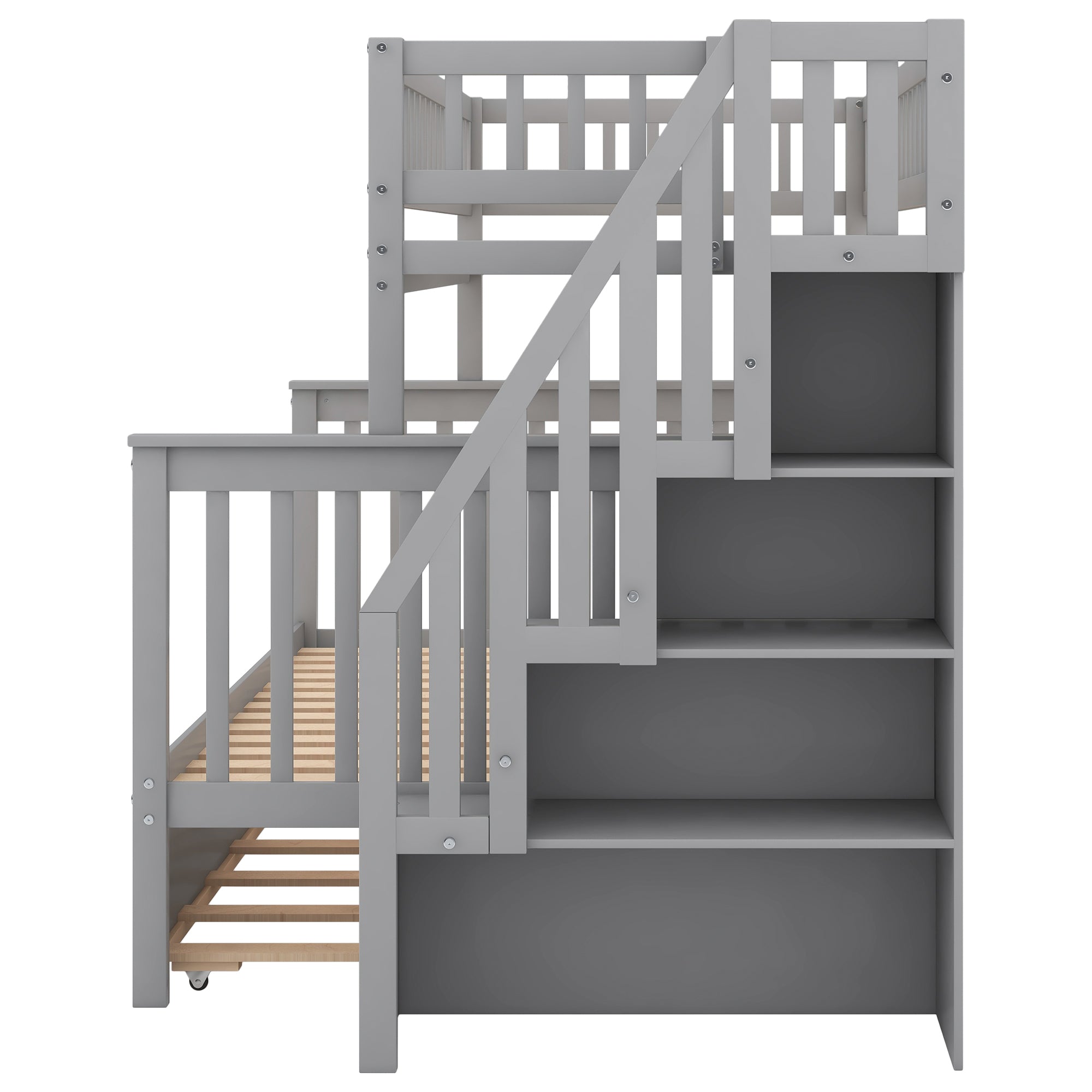 Spacey Twin over Full Bunk Bed with Trundle and Staircase, Grey - Grand Goldman Shop