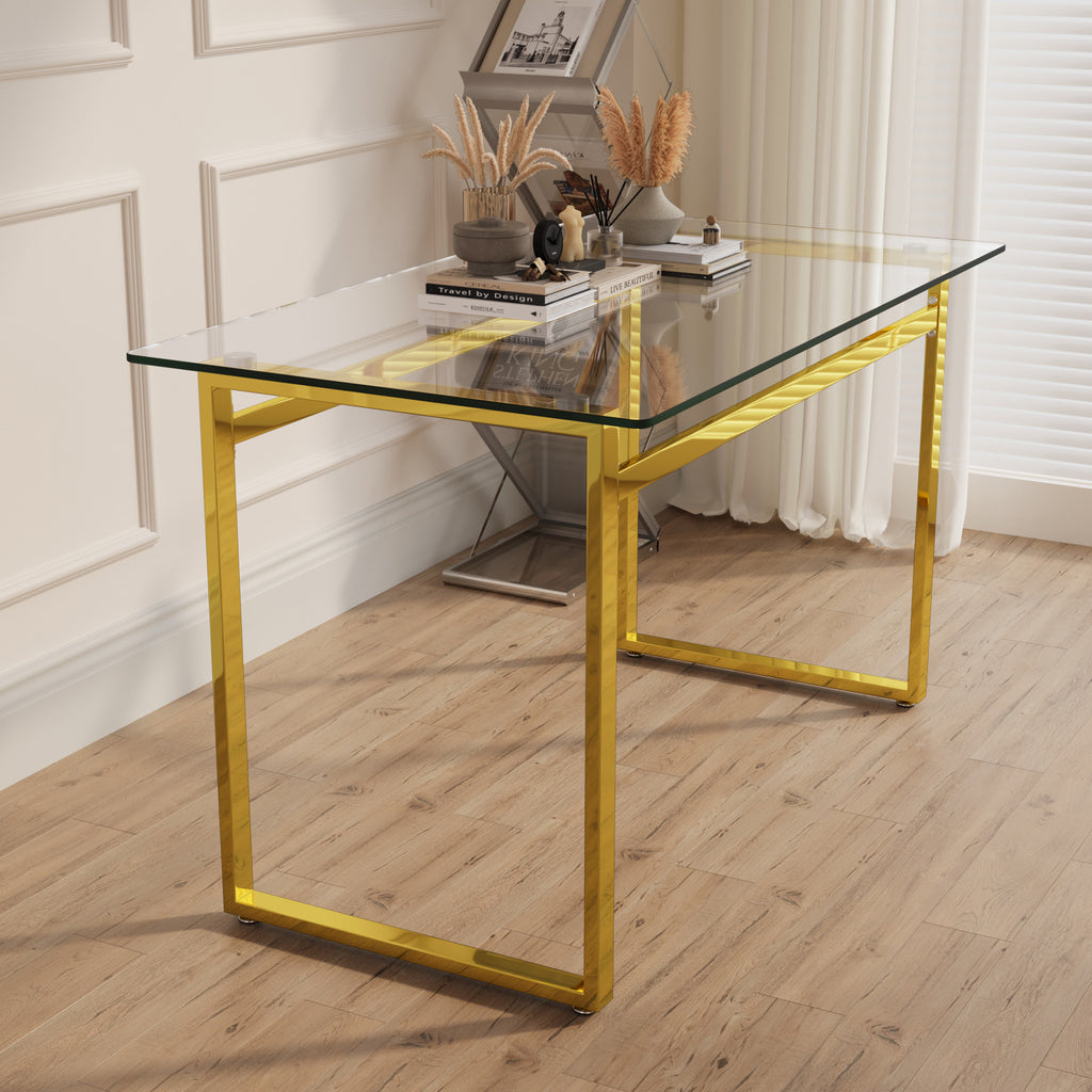 Modern Minimalist Rectangular Glass Dining Table with Tempered Glass Tabletop and Golden Chrome Metal Legs for 4-6 - Grand Goldman Shop