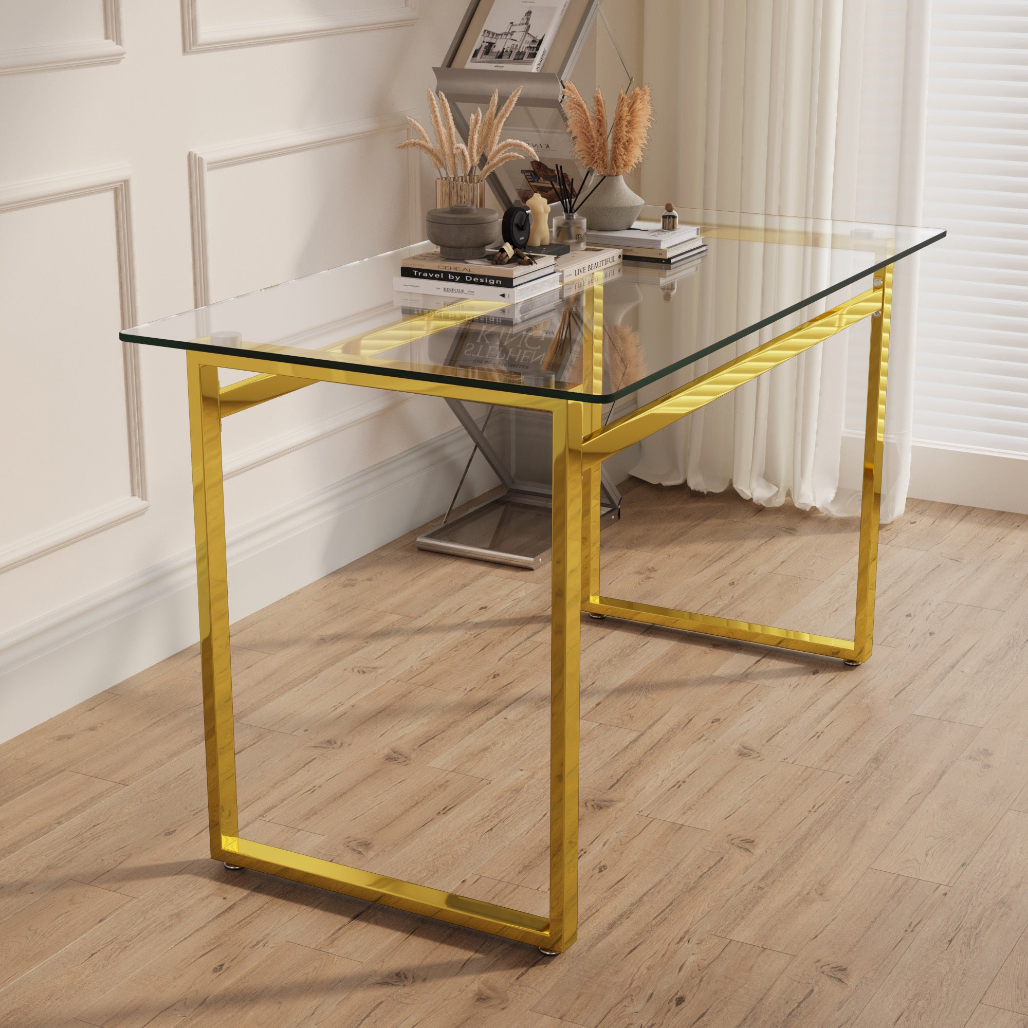 Modern Minimalist Rectangular Glass Dining Table with Tempered Glass Tabletop and Golden Chrome Metal Legs for 4-6 - Grand Goldman Shop