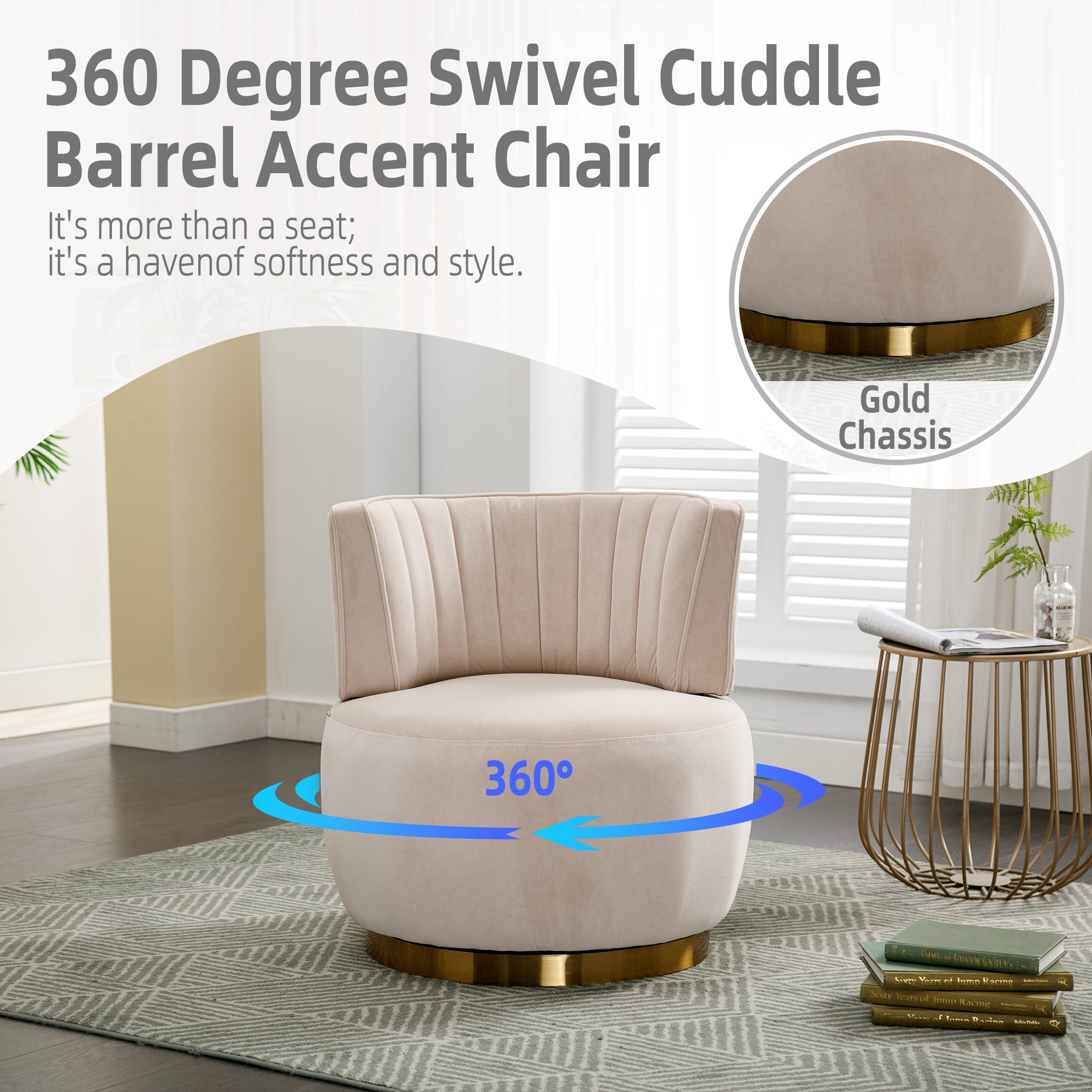 Swivel Barrel Accent Sofa Chair, 360 Degree Rotation, Fluffy Velvet Fabric, Beige, 25.20'' x 25.59'' x 26.38'' - Grand Goldman Shop