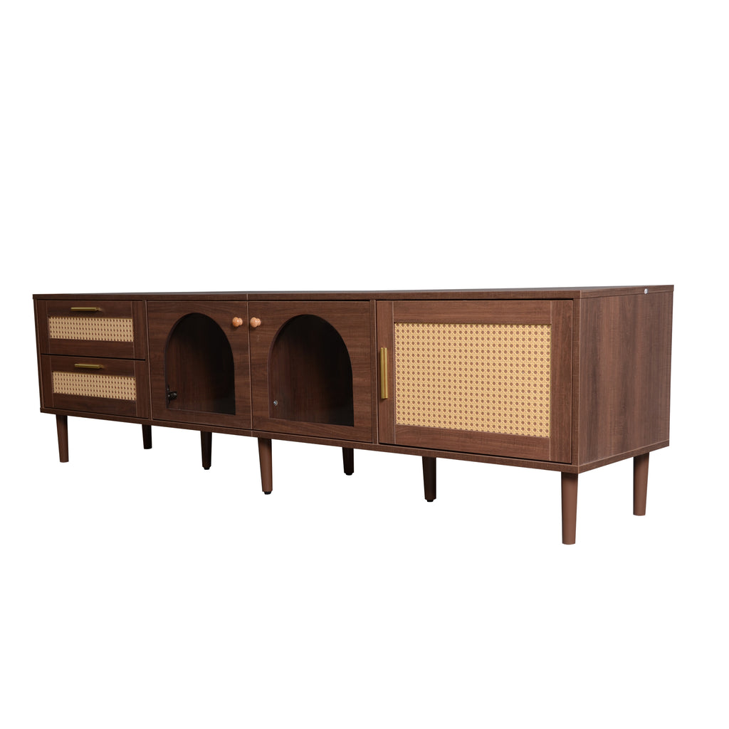 Dark Brown Rattan-inspired TV Stand with 3 Cabinets & 2 Drawers, LED Light Media Console for TVs up to 80'', MDF & Solid Wood Construction - Grand Goldman Shop