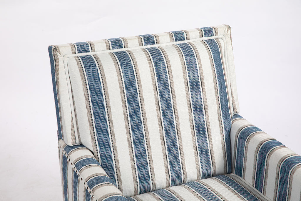 Upholstered Accent Chair, Vintage Armchair with Blue and White Striped Linen Fabric and Nailhead Trim for Living Room - Grand Goldman Shop