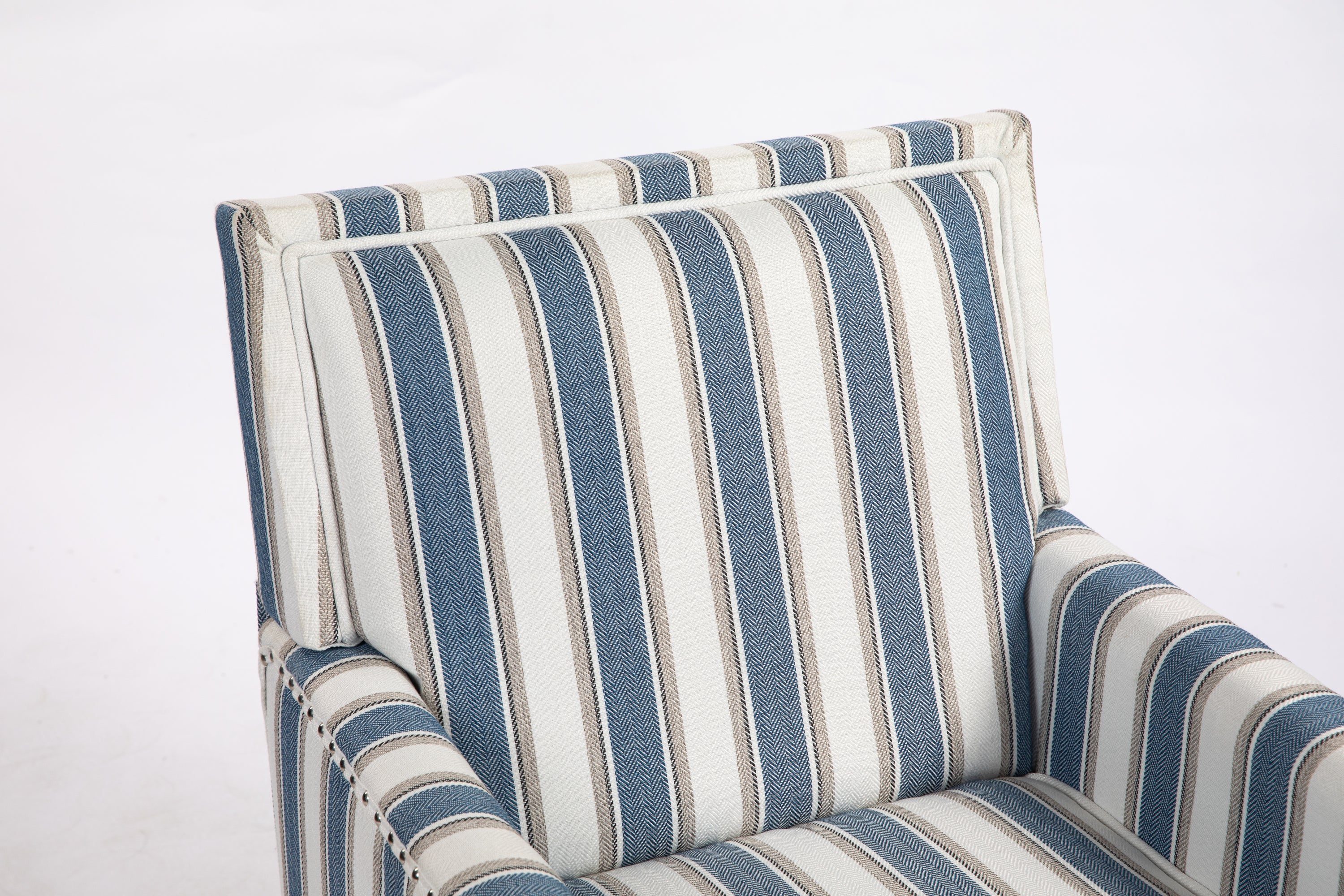 Upholstered Accent Chair, Vintage Armchair with Blue and White Striped Linen Fabric and Nailhead Trim for Living Room - Grand Goldman Shop