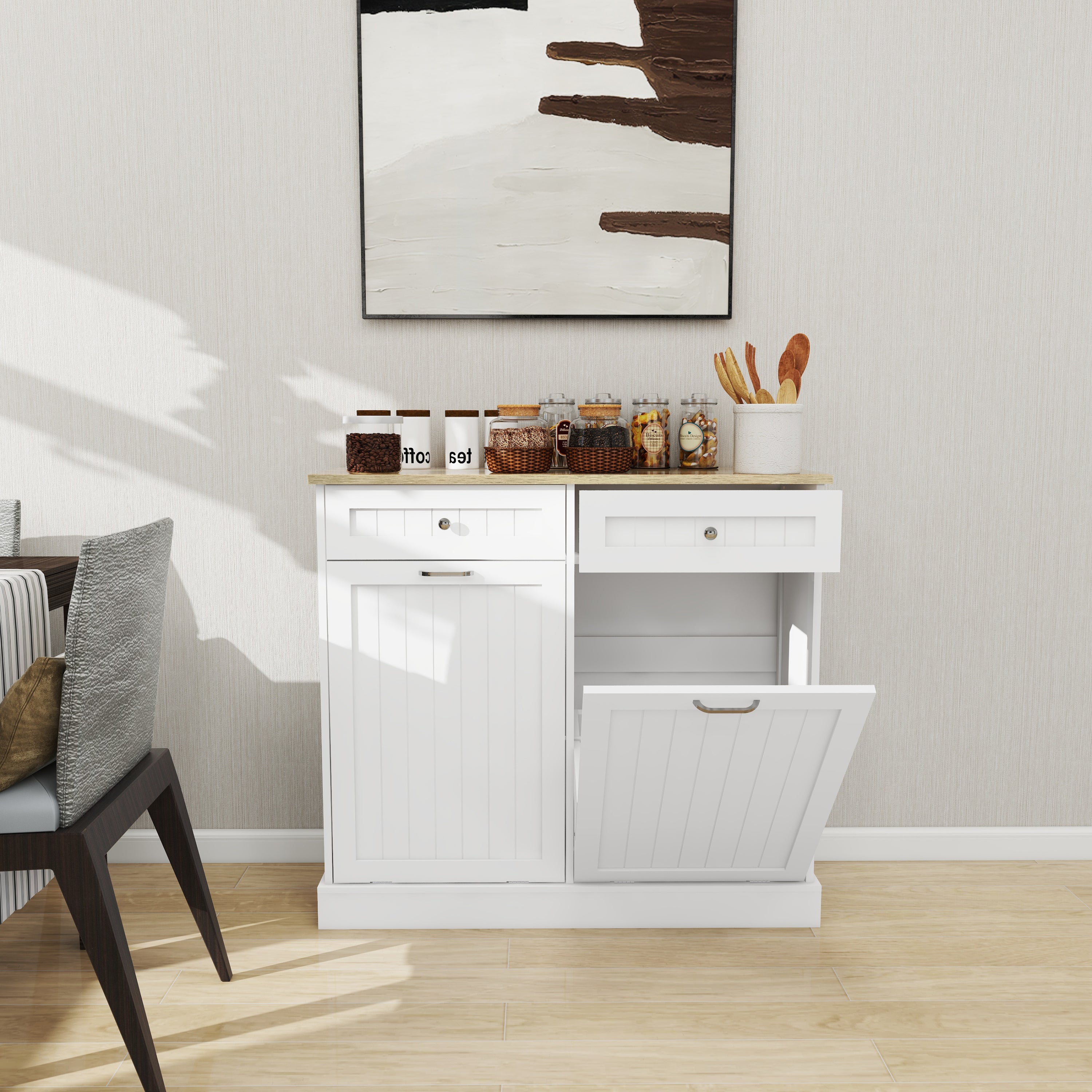 Two Drawers and Two-Compartment Tilt-Out Trash Cabinet Kitchen Trash Cabinet-White - Grand Goldman Shop