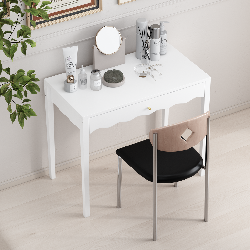 White 35.43' Vanity Desk with Drawer – Modern Makeup Table with Scalloped Front & Gold Knob, Compact Writing Desk with 4 Sturdy Legs for Bedroom, Small Home Office & Apartment Spaces - Grand Goldman Shop