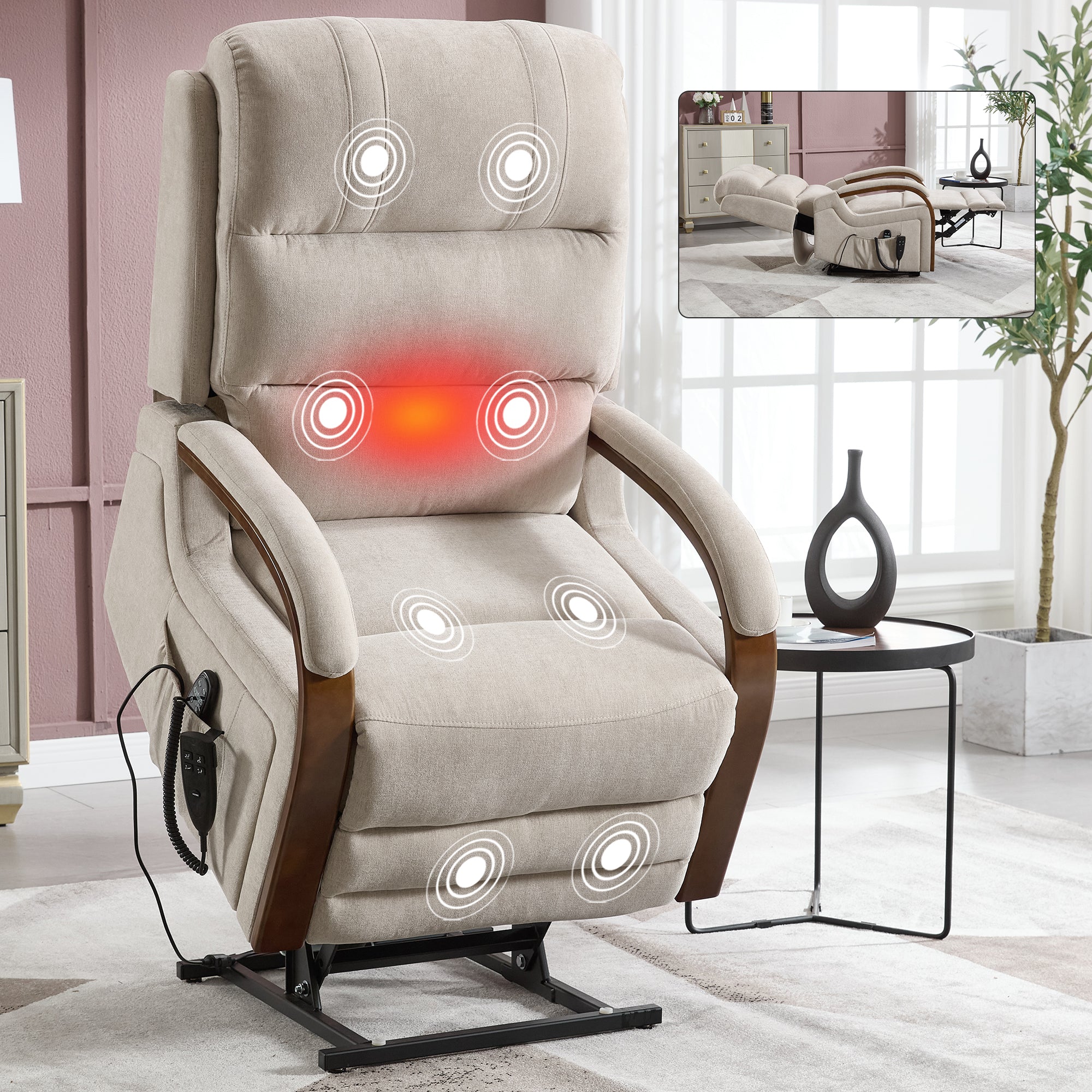 Power Beige Chenille Lift Recliner Chair Dual Motor Infinite Position Up to 350 LBS with Solid Wood Armrests, Heat Massage and Heavy Duty Motion Mechanism - Grand Goldman Shop