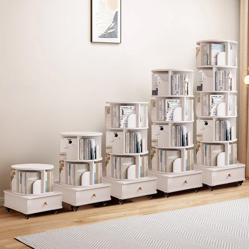 Rotating Bookshelf with Drawer, 360 Display 6 Tier Corner Bookshelf for Small Space, Floor Standing Bookcase Storage Rack, Wood Narrow Organizer for Bedroom, Living Room (WHITE) - Grand Goldman Shop