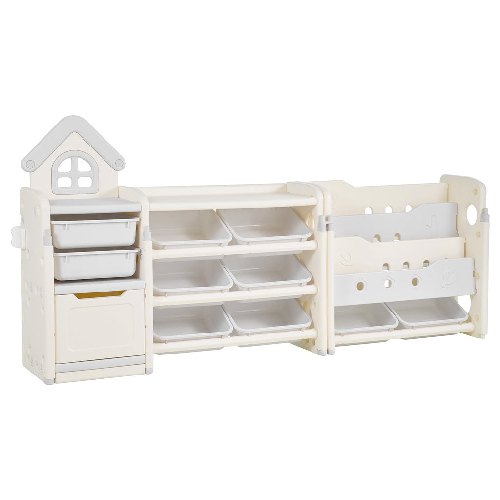 Kids Toy Storage with Bookshelf, 4-Tier Toy Storage Organizer with 10 Movable Plastic Bins, Kids Cubby Cabinet with Bookshelf